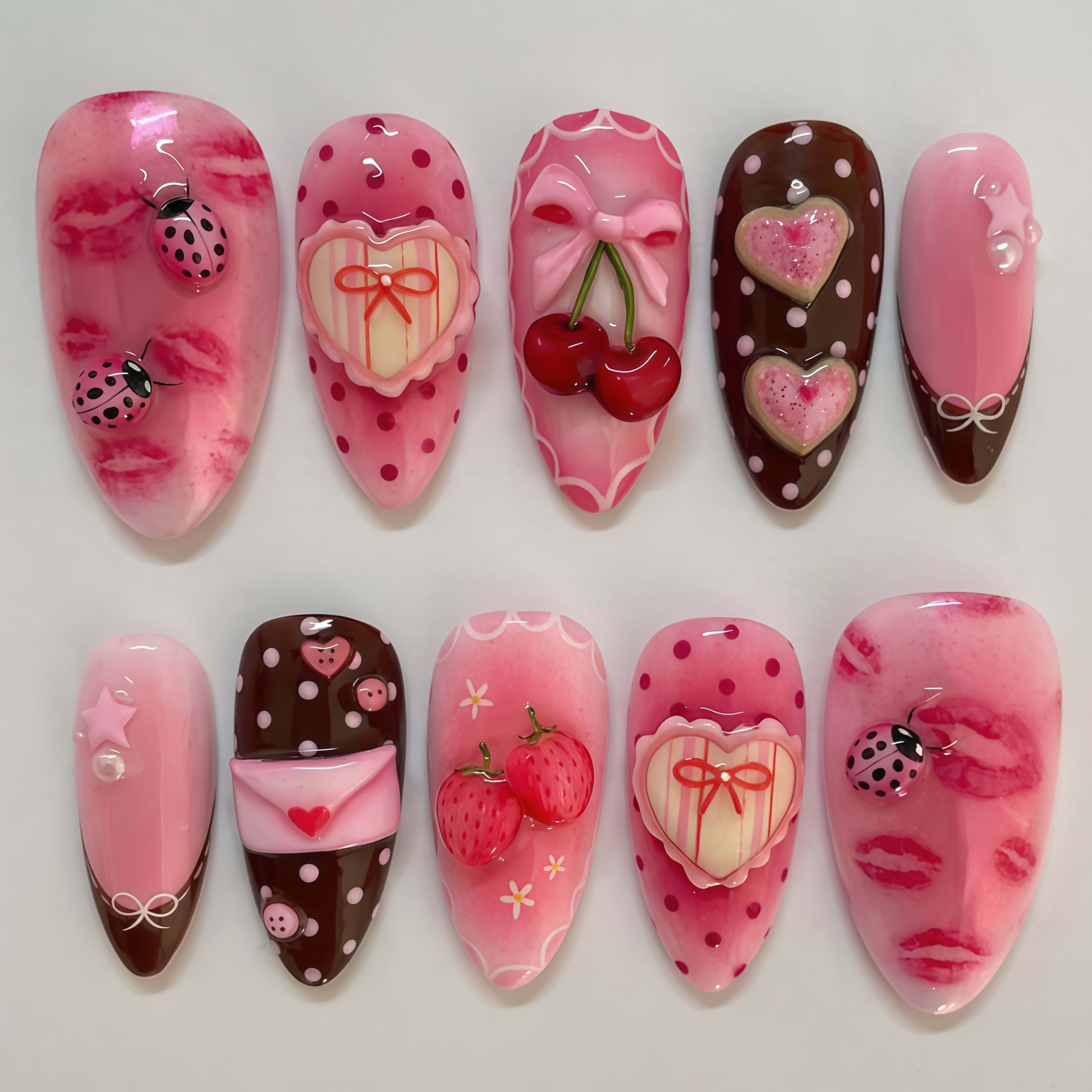 Sweet Heart-Shaped Strawberry Polka-Dot Envelope Wearable Nail Tips 1
