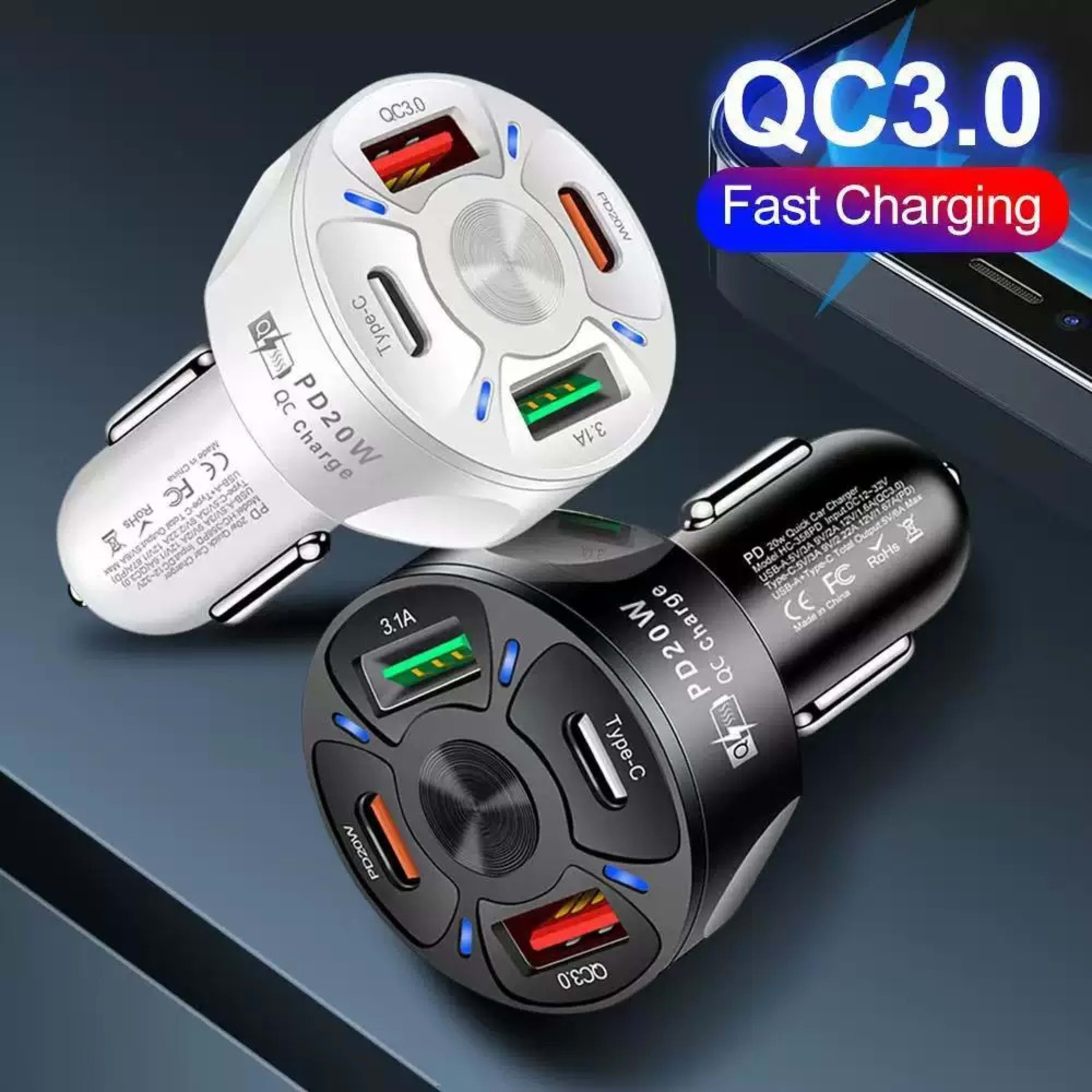 2-USB 2-PD Car Cigarette Lighter Plug Charger 3