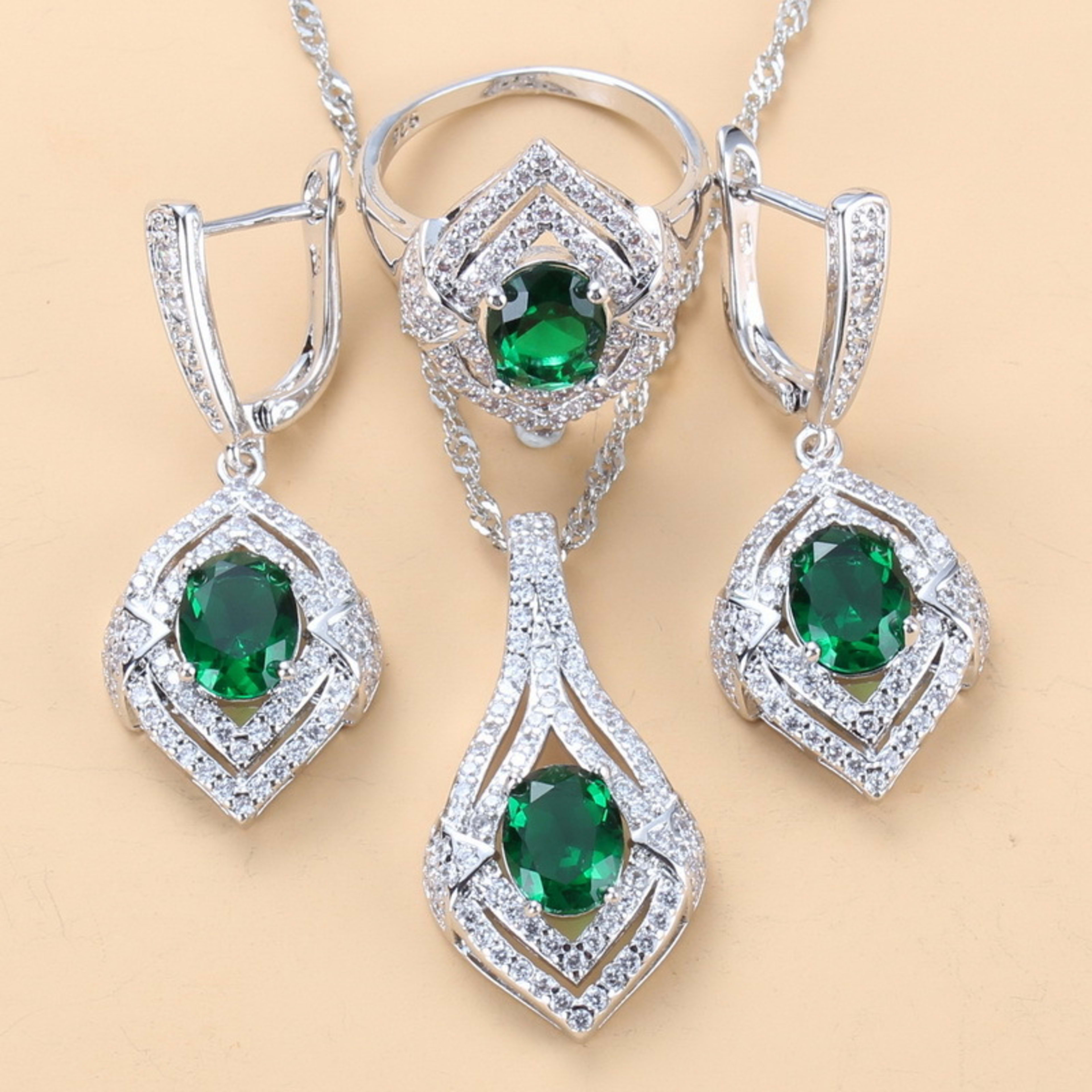 Gem-inlaid Pendant Earrings Necklace Ring Ladies Three-piece Set 10