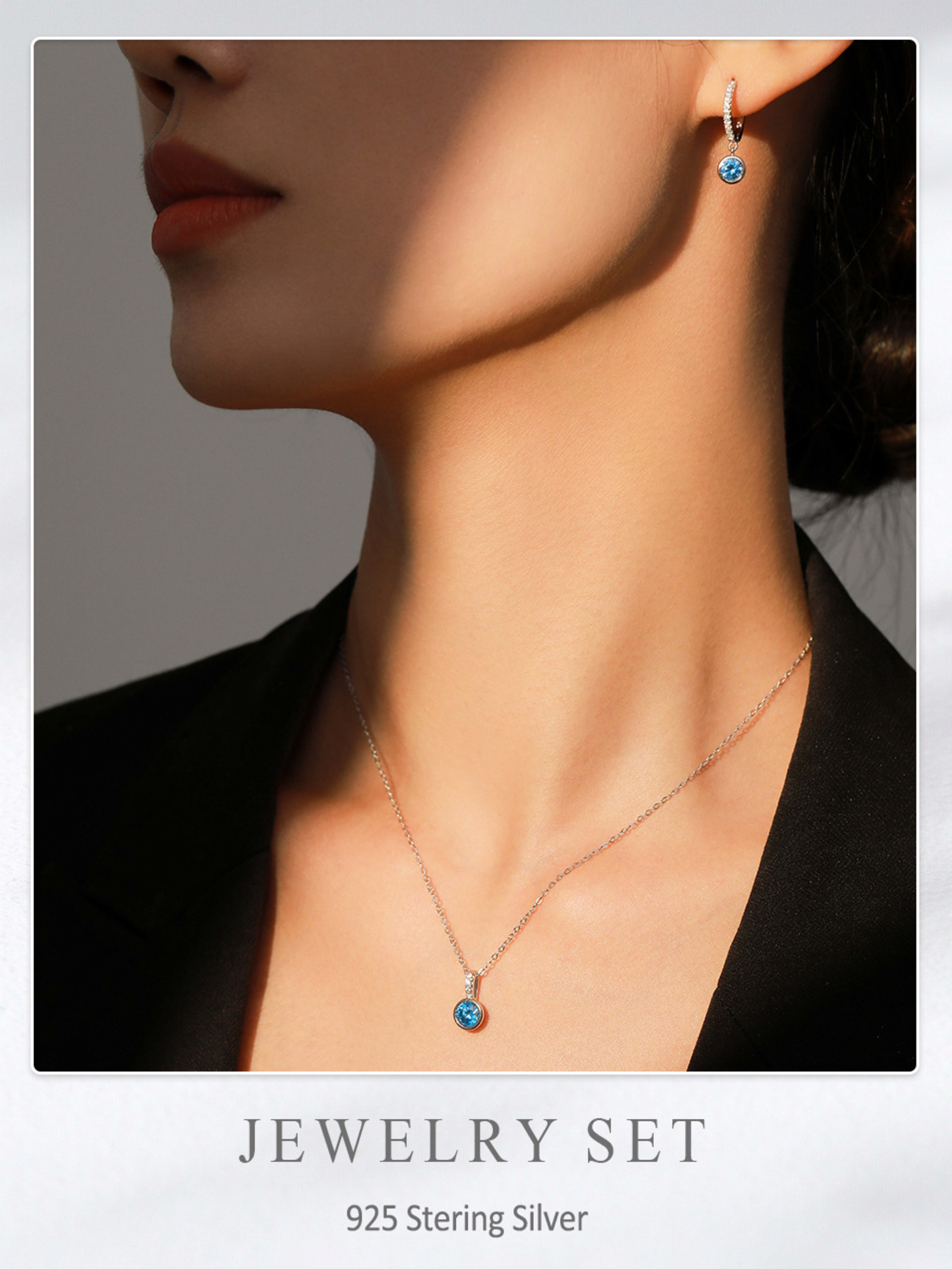 Women's Light Luxury Sea Blue Artificial Diamond Earrings Necklace 14