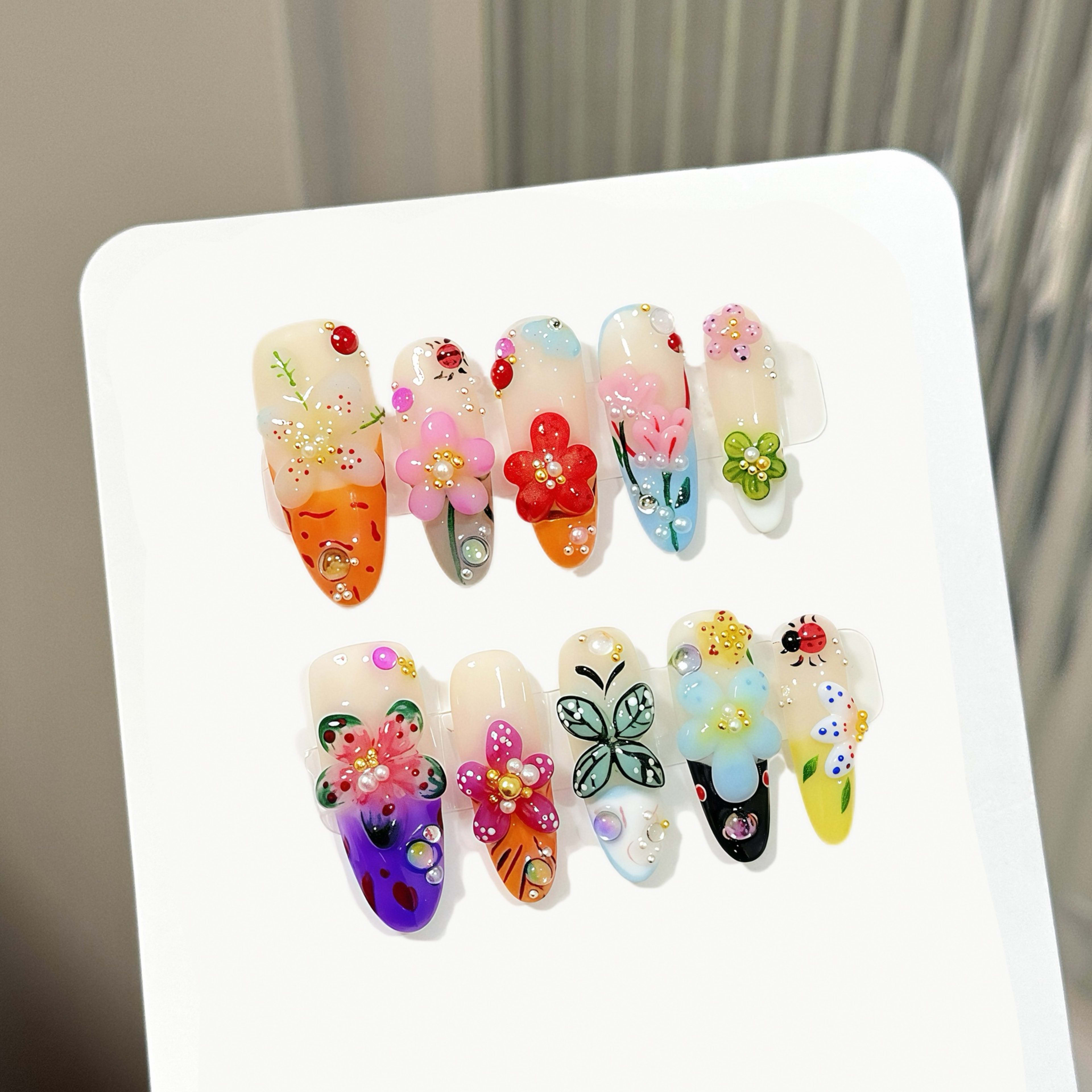 Island Elf Trendy Wearable Nails Featuring French-style 3D Floral And Insect Carvings 6