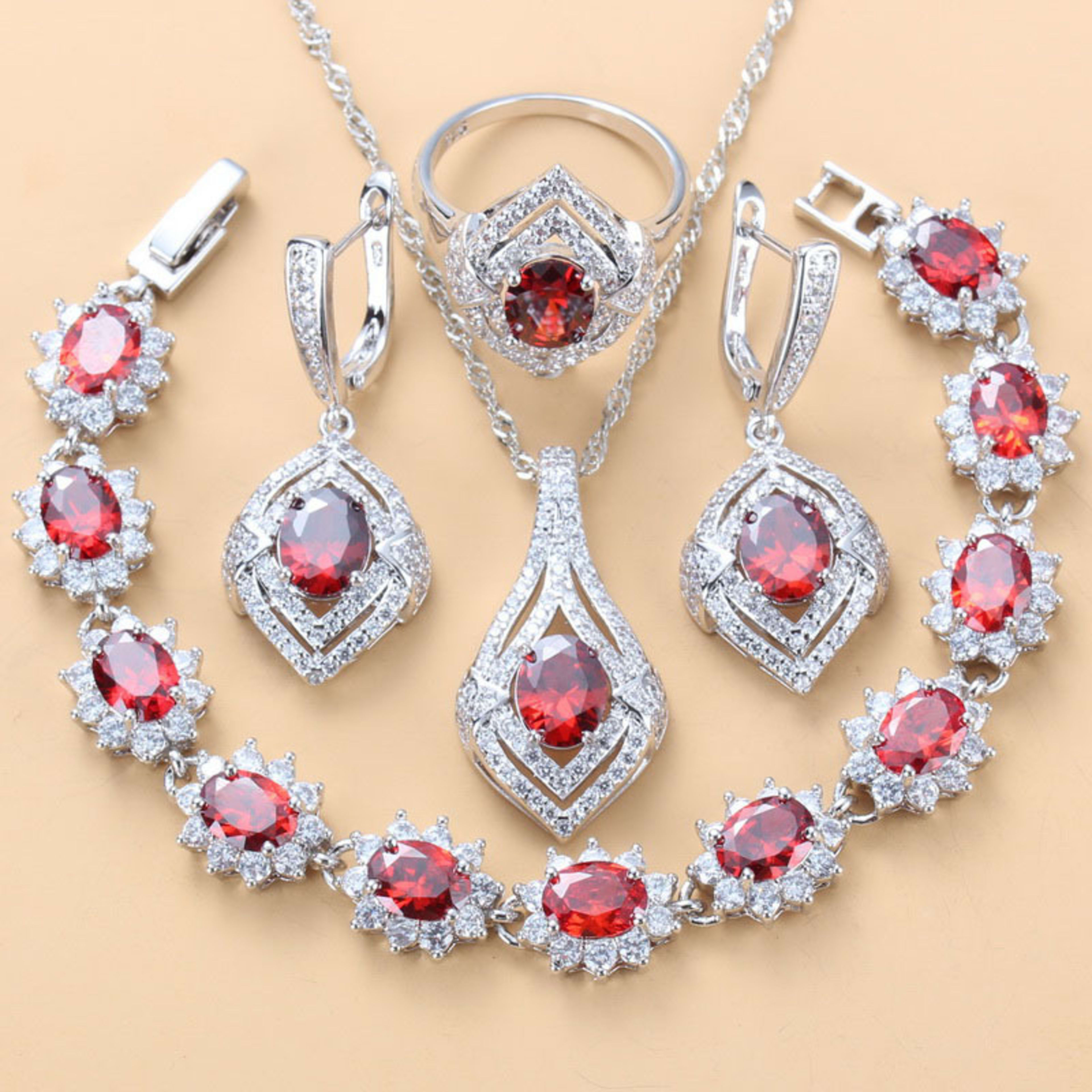 Inlaid Gemstone Pendant Earrings Necklace And Ring For Women 4 PCs Set 5