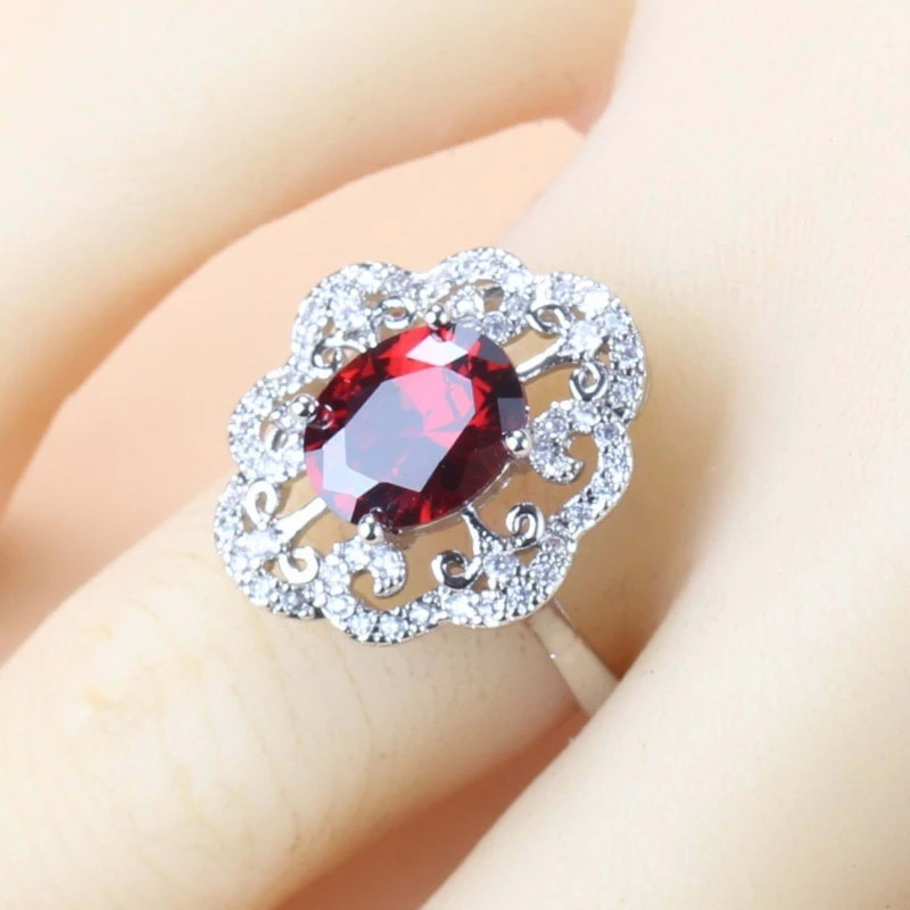 Garnet Cubic Zirconia Earrings Pendant Necklace Bracelet Ring Gift 4 PCs Set 4