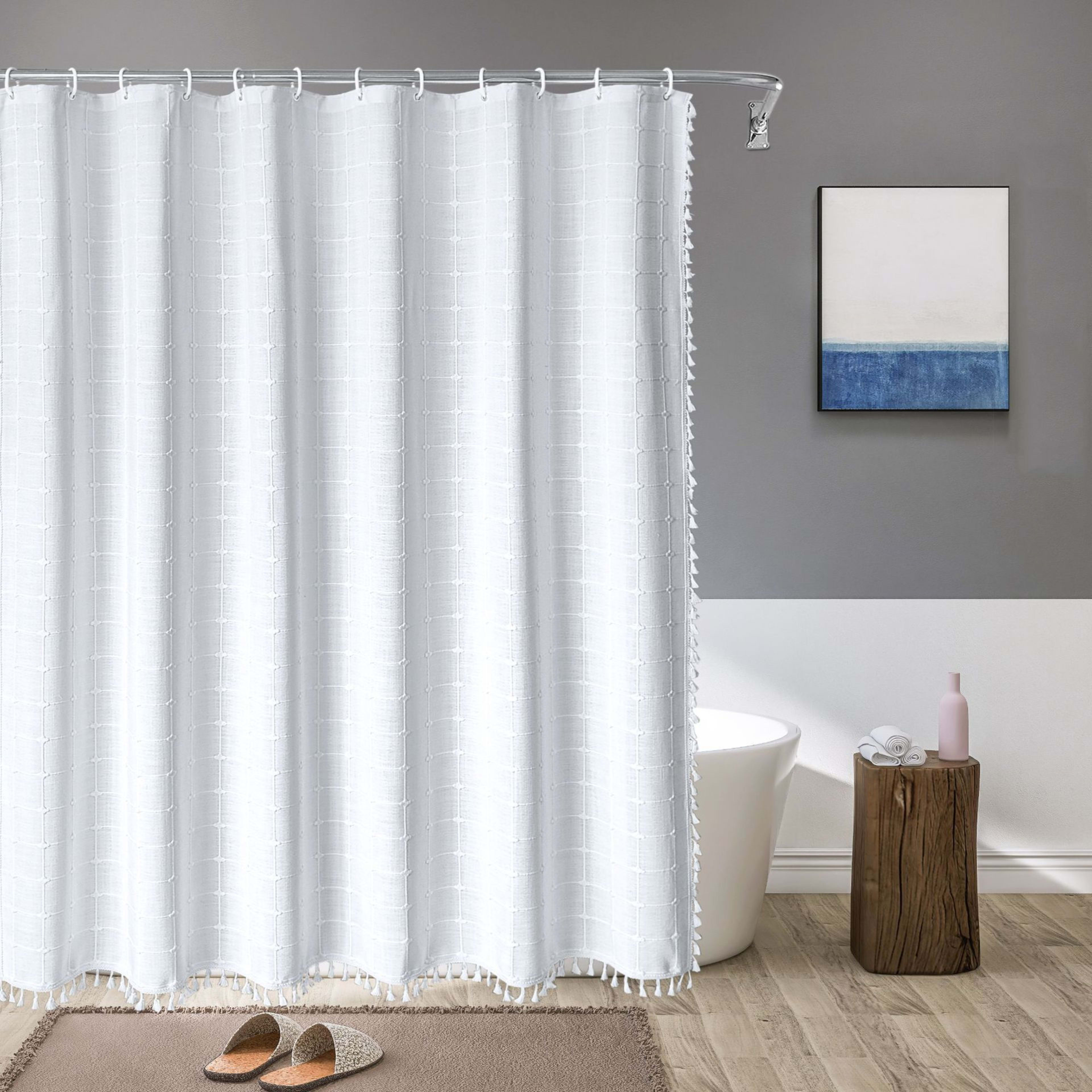 Tencel-linen Checkered Tassel Bathroom Checkered Partition Curtain Waterproof Shower Curtain 8