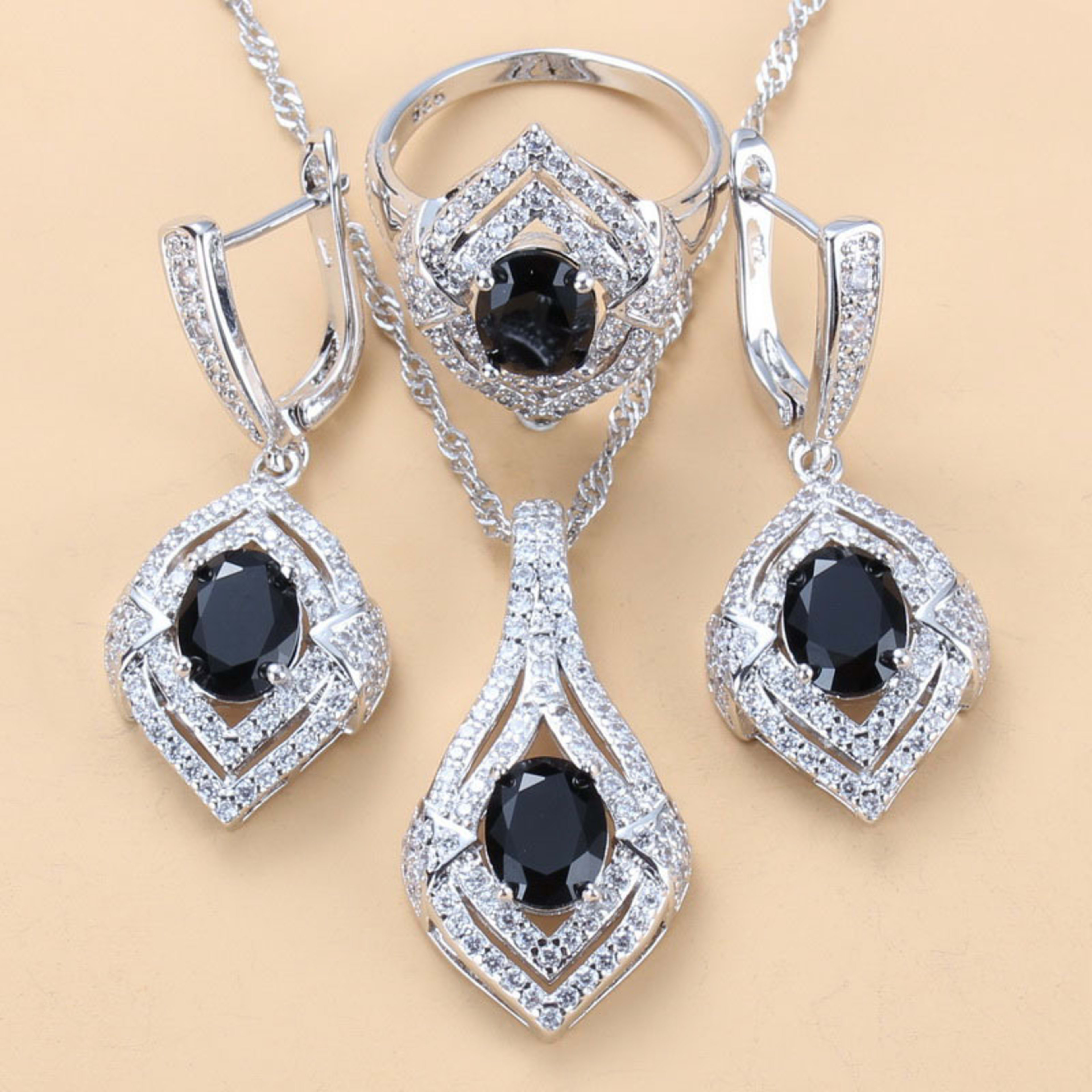 Gem-inlaid Pendant Earrings Necklace Ring Ladies Three-piece Set 14