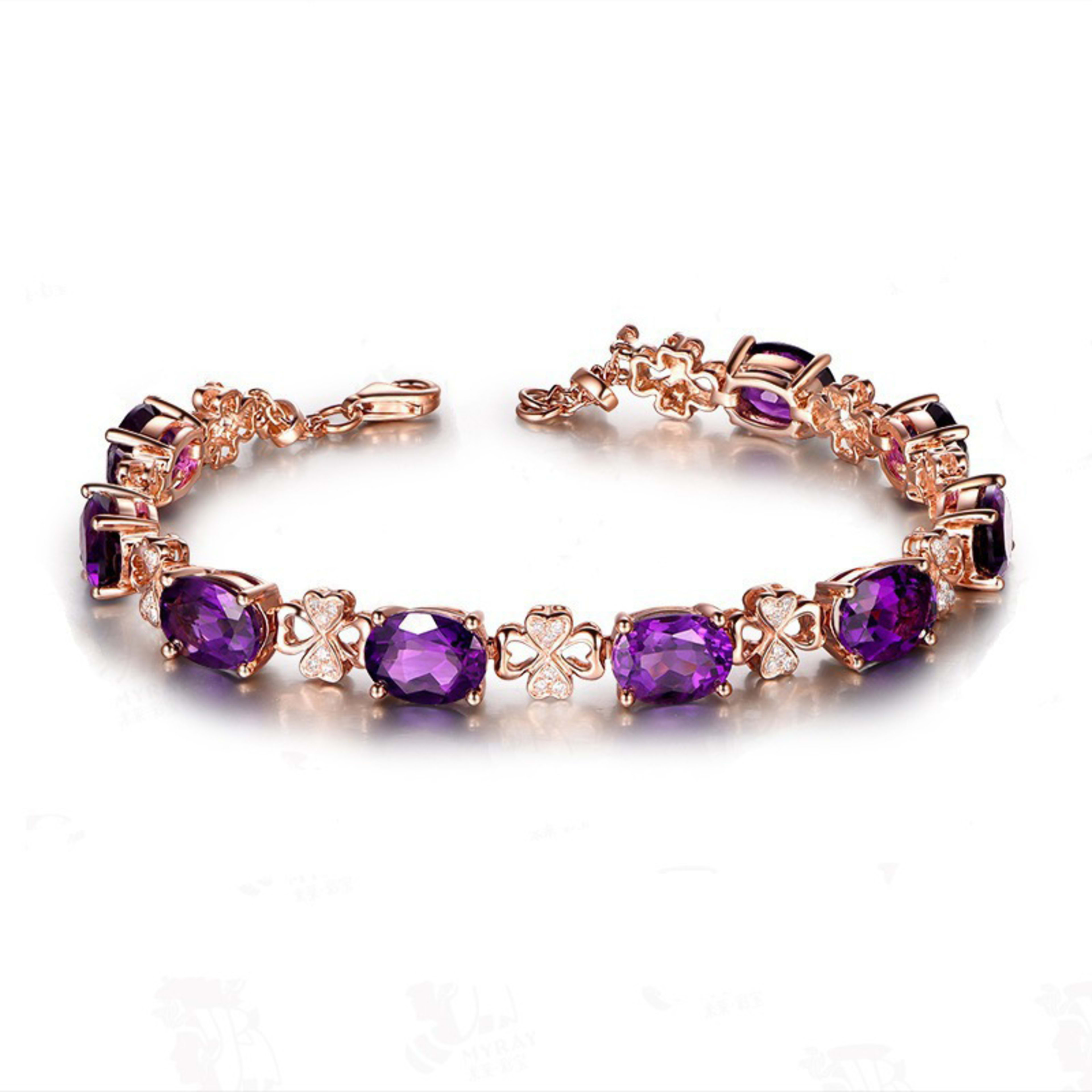 Quality Ear Hook Purple Gemstone Diamond Ring Rose Gold Collarbone Necklace Set 8