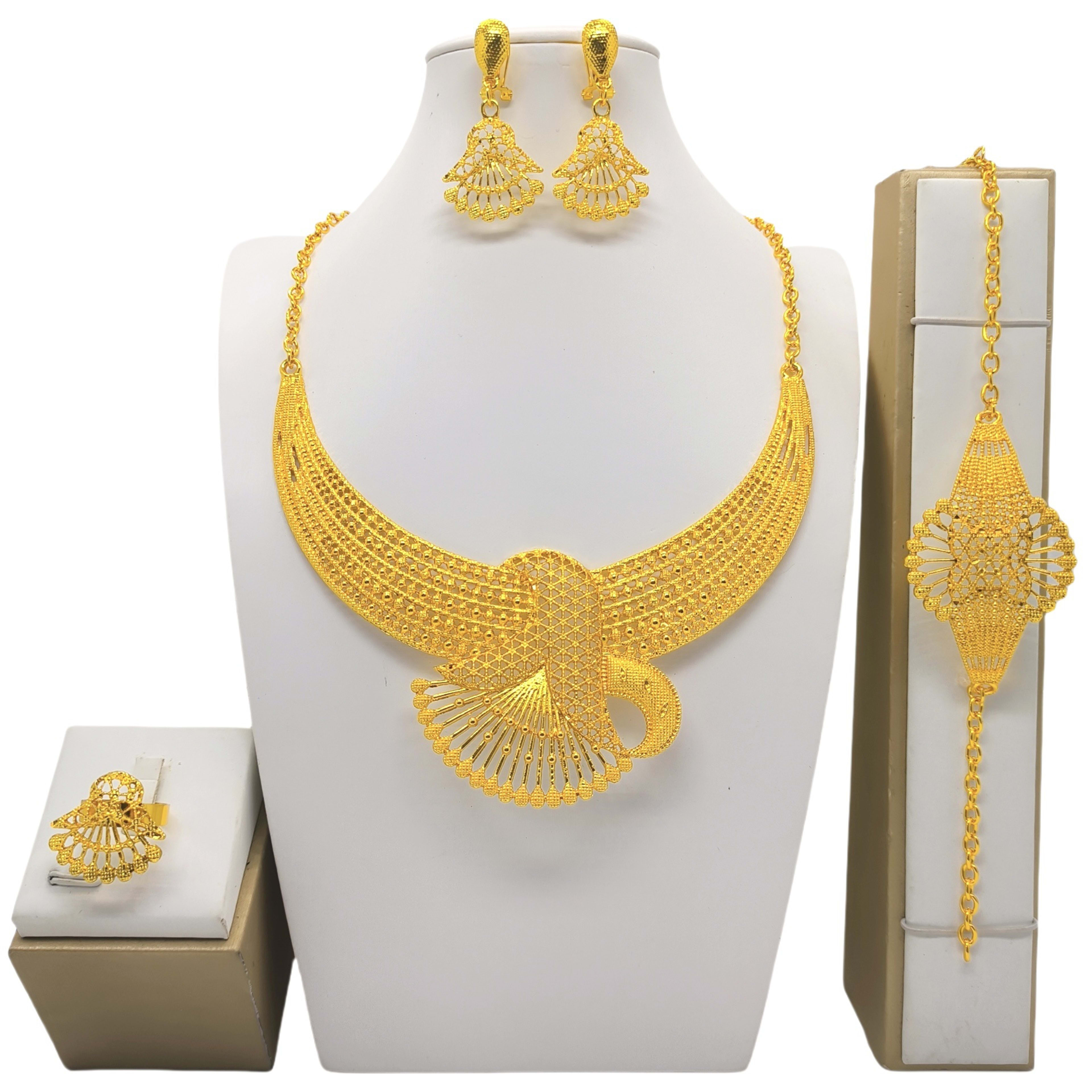 24K Gold Jewelry Suit Necklace Bracelet Earrings Four-piece Ring Set 2