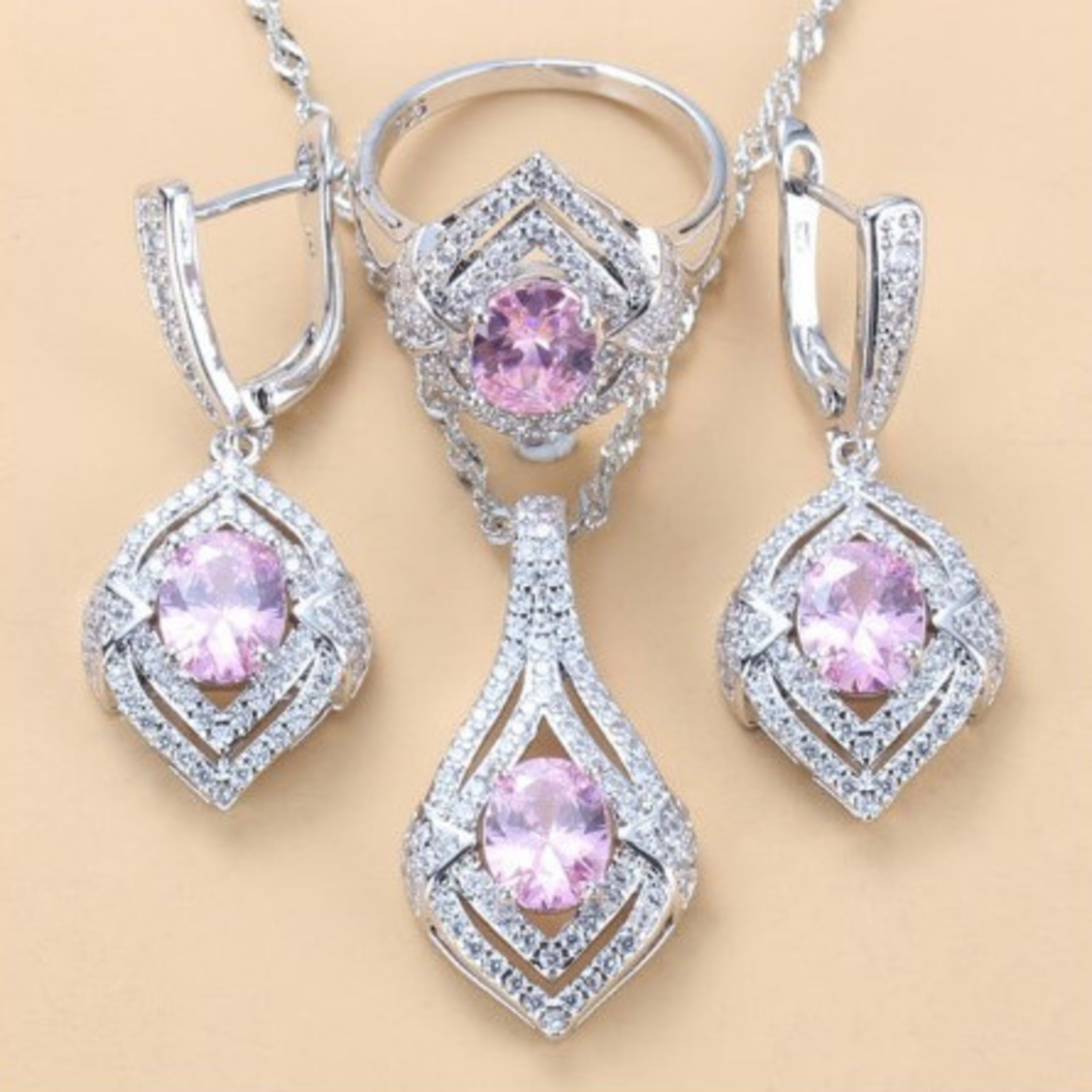 Gem-inlaid Pendant Earrings Necklace Ring Ladies Three-piece Set 4