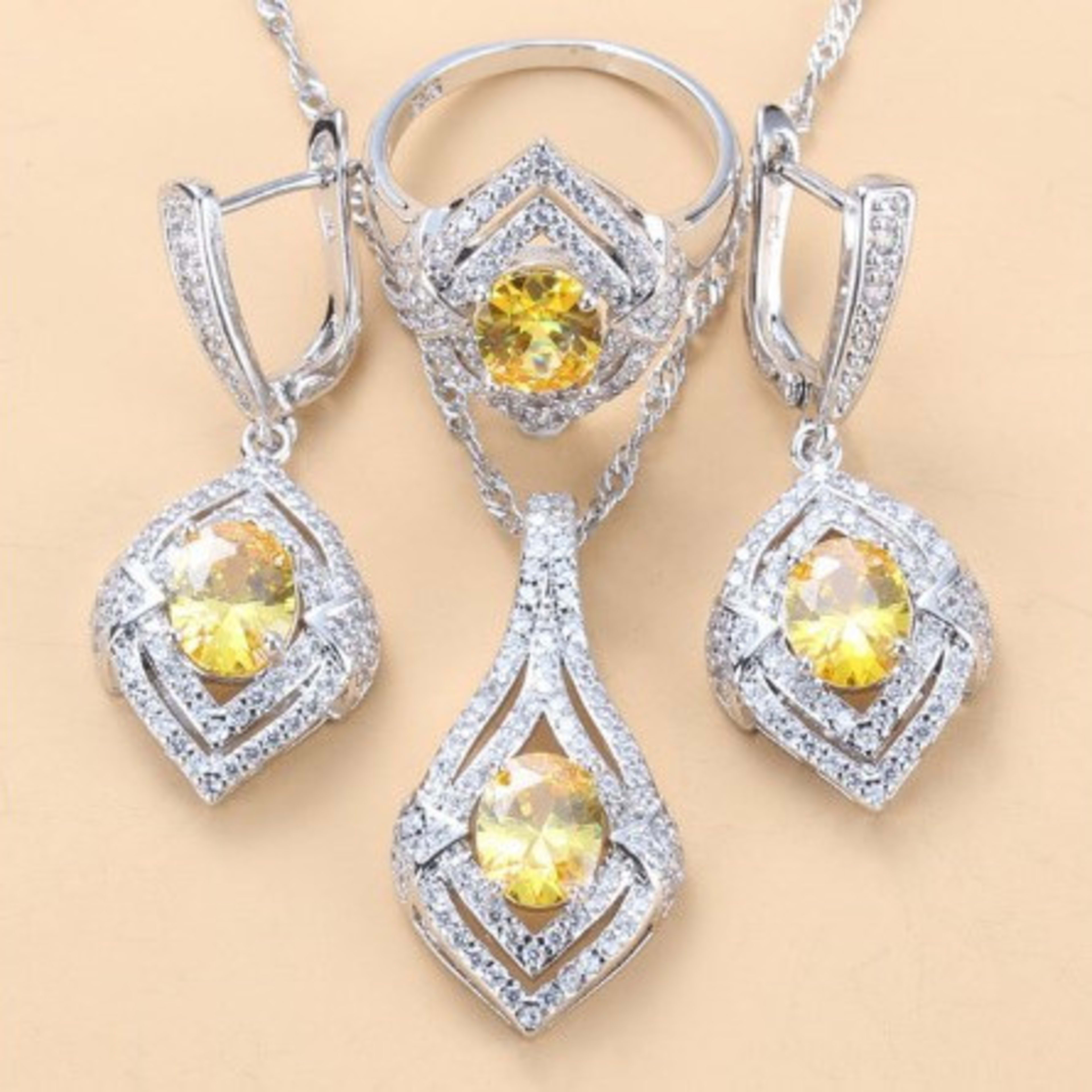 Gem-inlaid Pendant Earrings Necklace Ring Ladies Three-piece Set 12