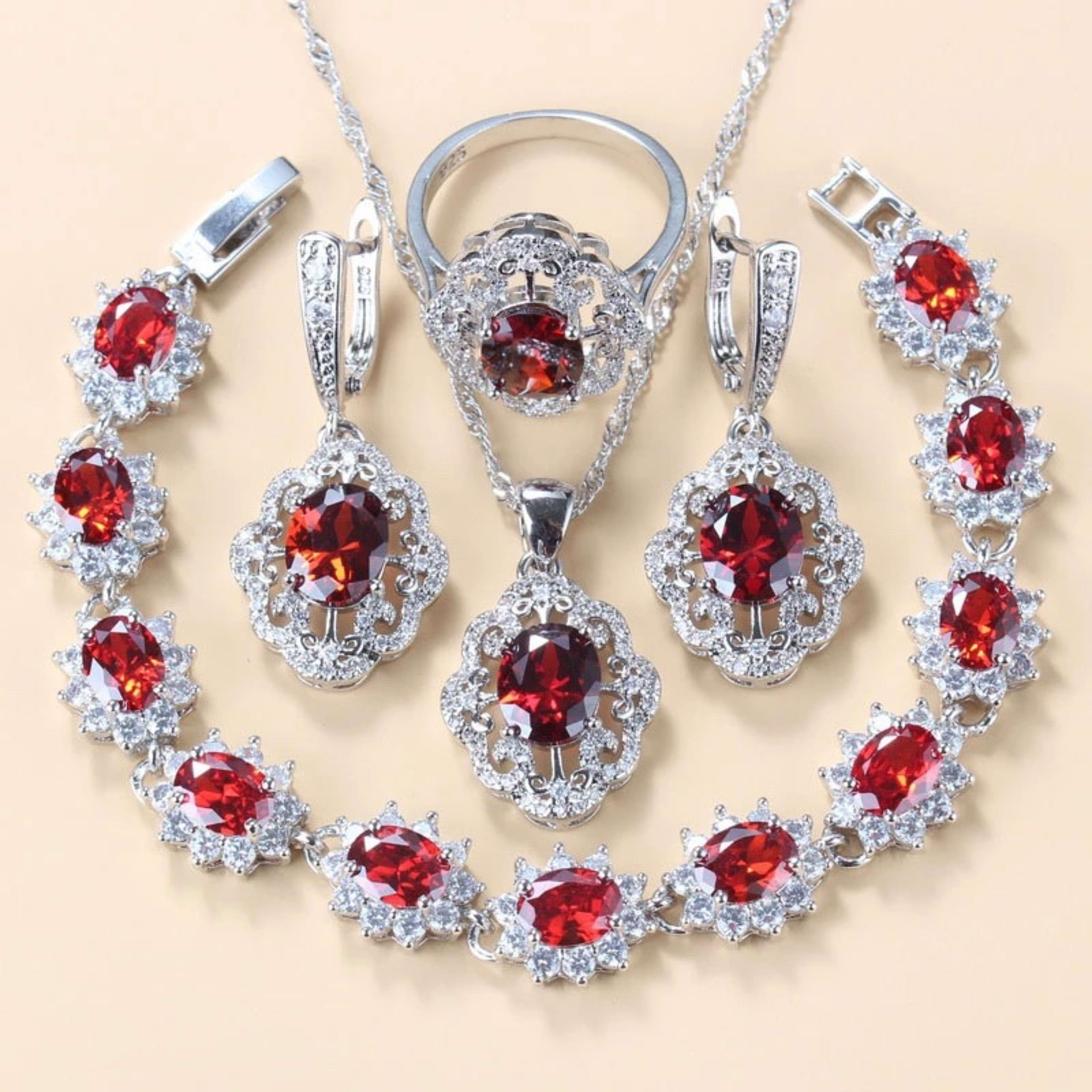 Garnet Cubic Zirconia Earrings Pendant Necklace Bracelet Ring Gift 4 PCs Set 6