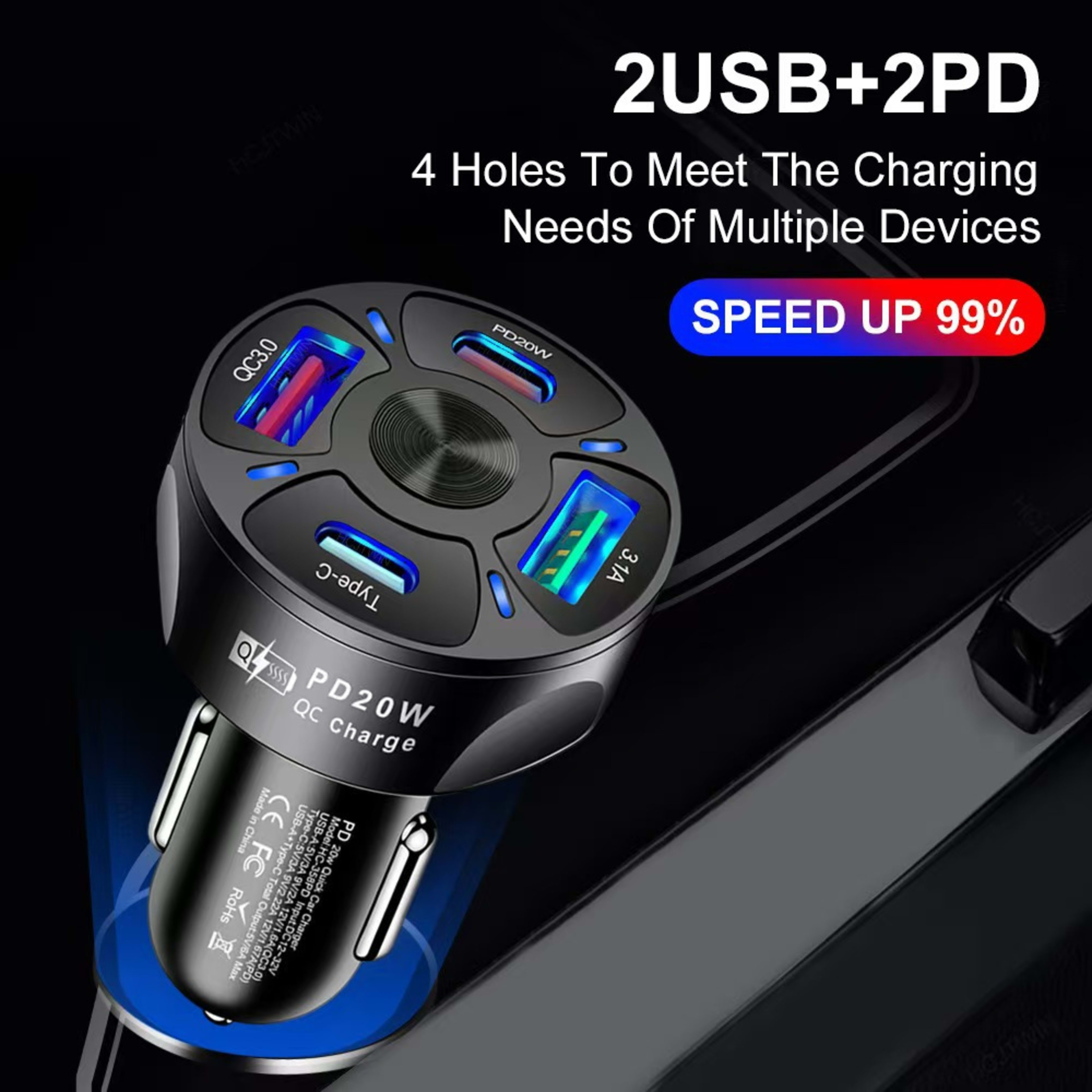 2-USB 2-PD Car Cigarette Lighter Plug Charger 2