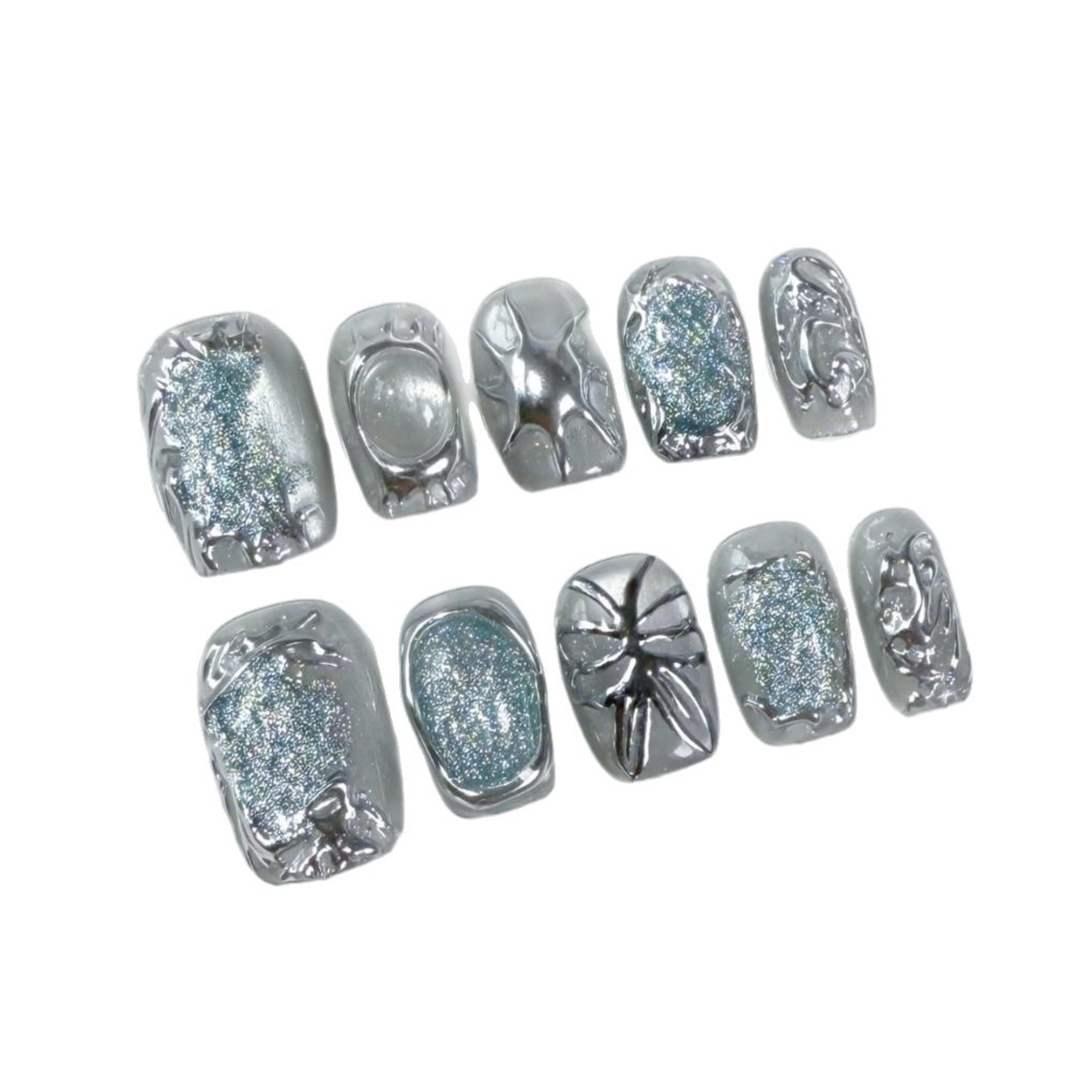 Hand-painted Butterfly Short Cat-eye Silver Wearable Nails 3