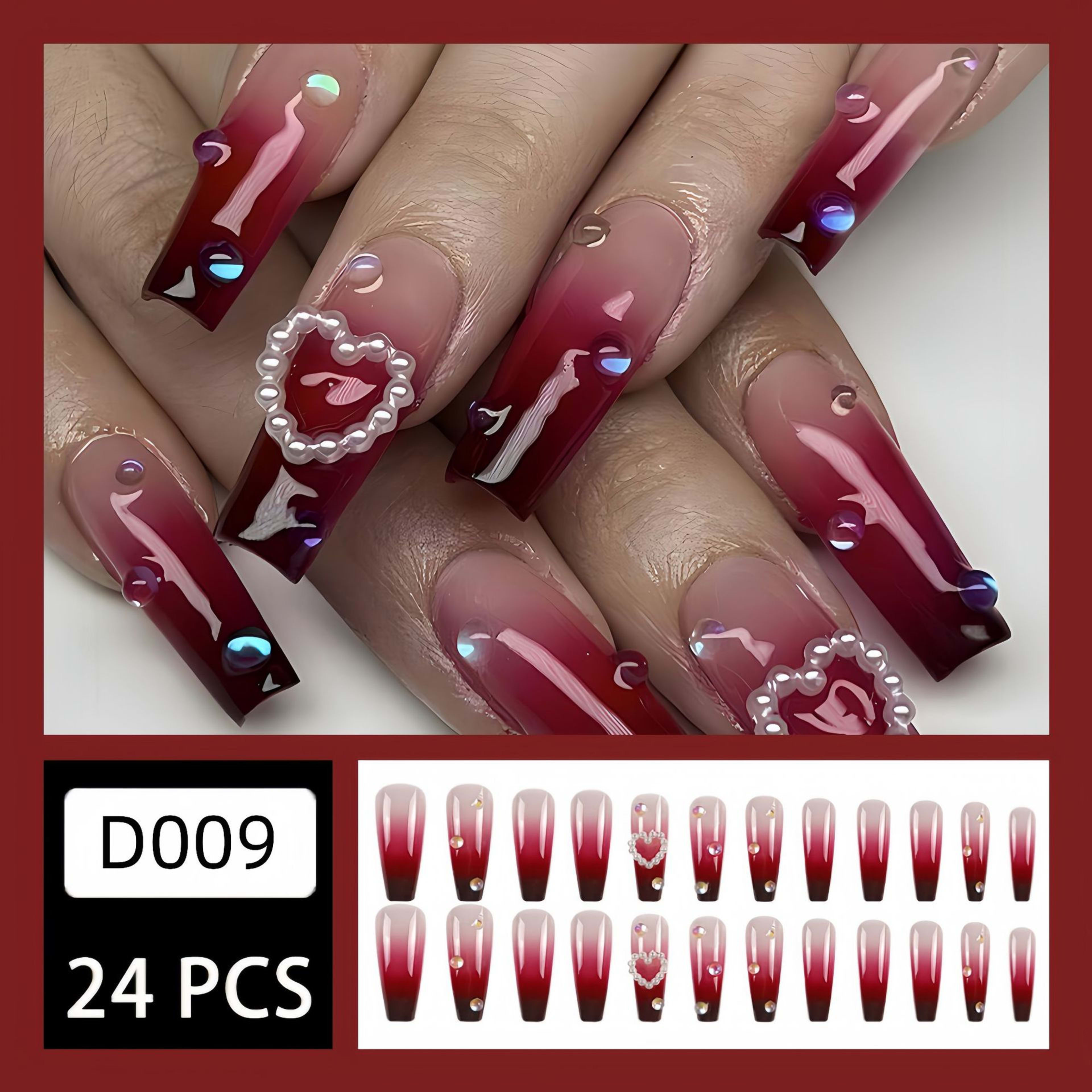 Pearl Heart Wine Red Gradient Wear Fake Nail Tip 3
