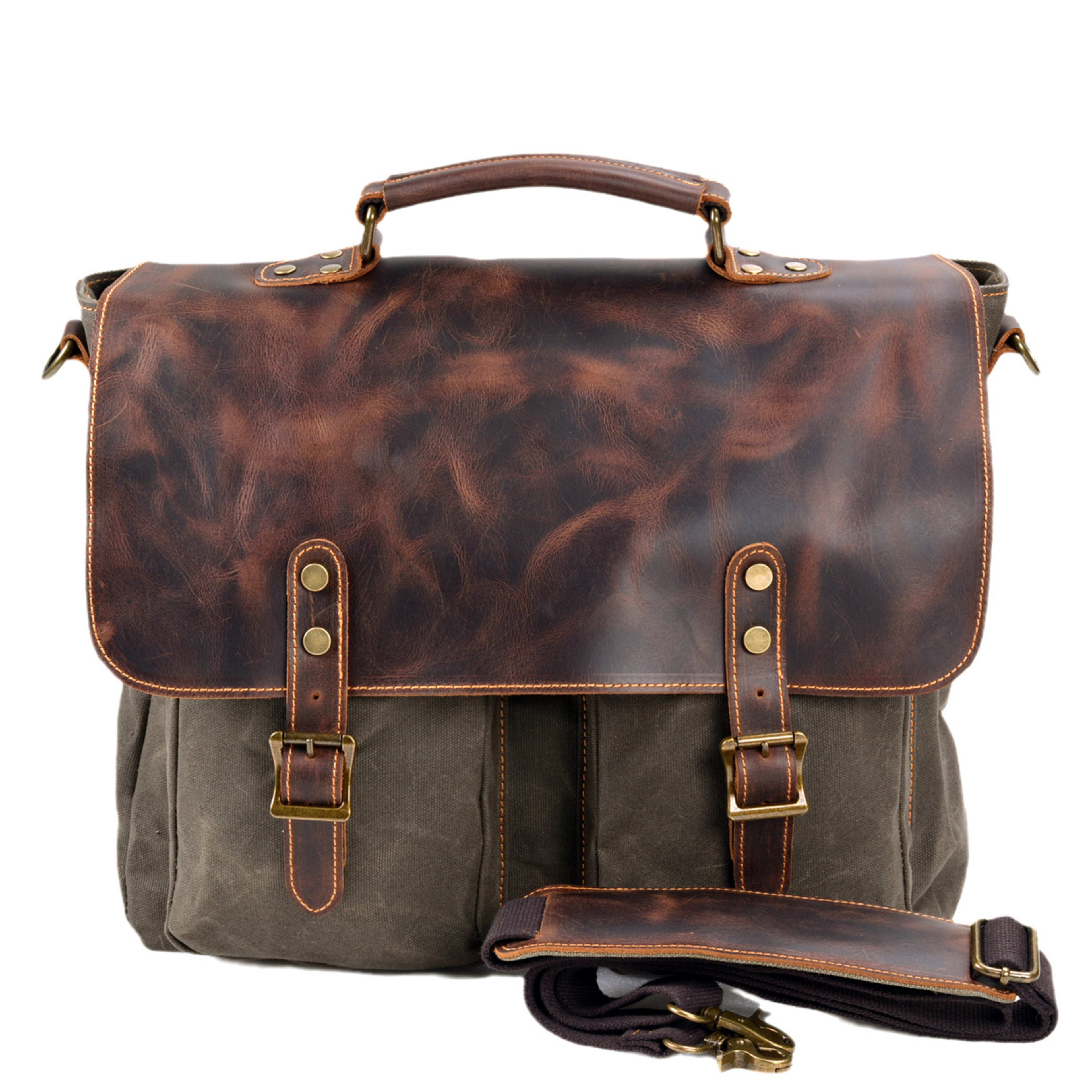 Waterproof Canvas Stitching Leather Briefcase Handbag 1