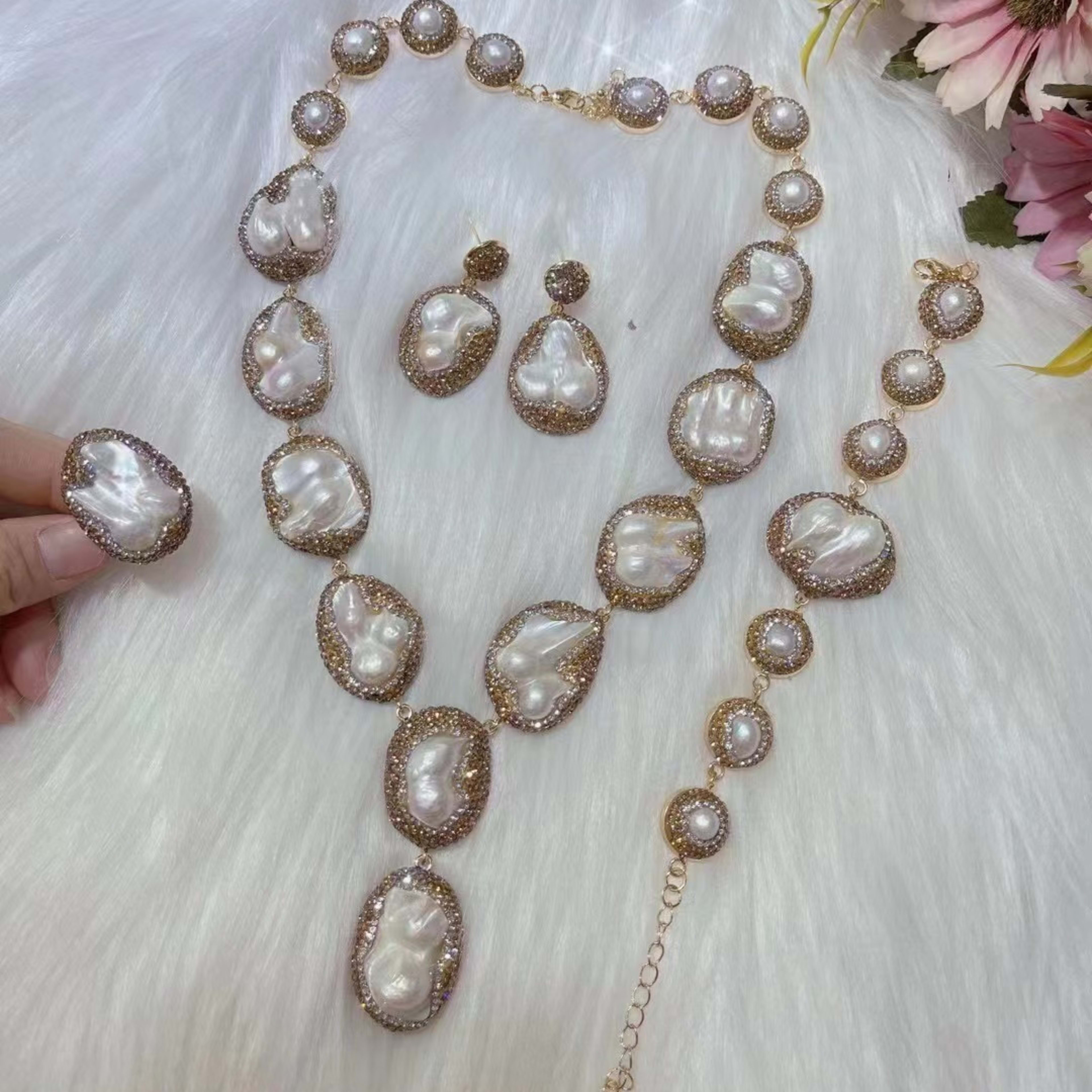 Pearl Necklace Ring Suit Bride Ornament 2