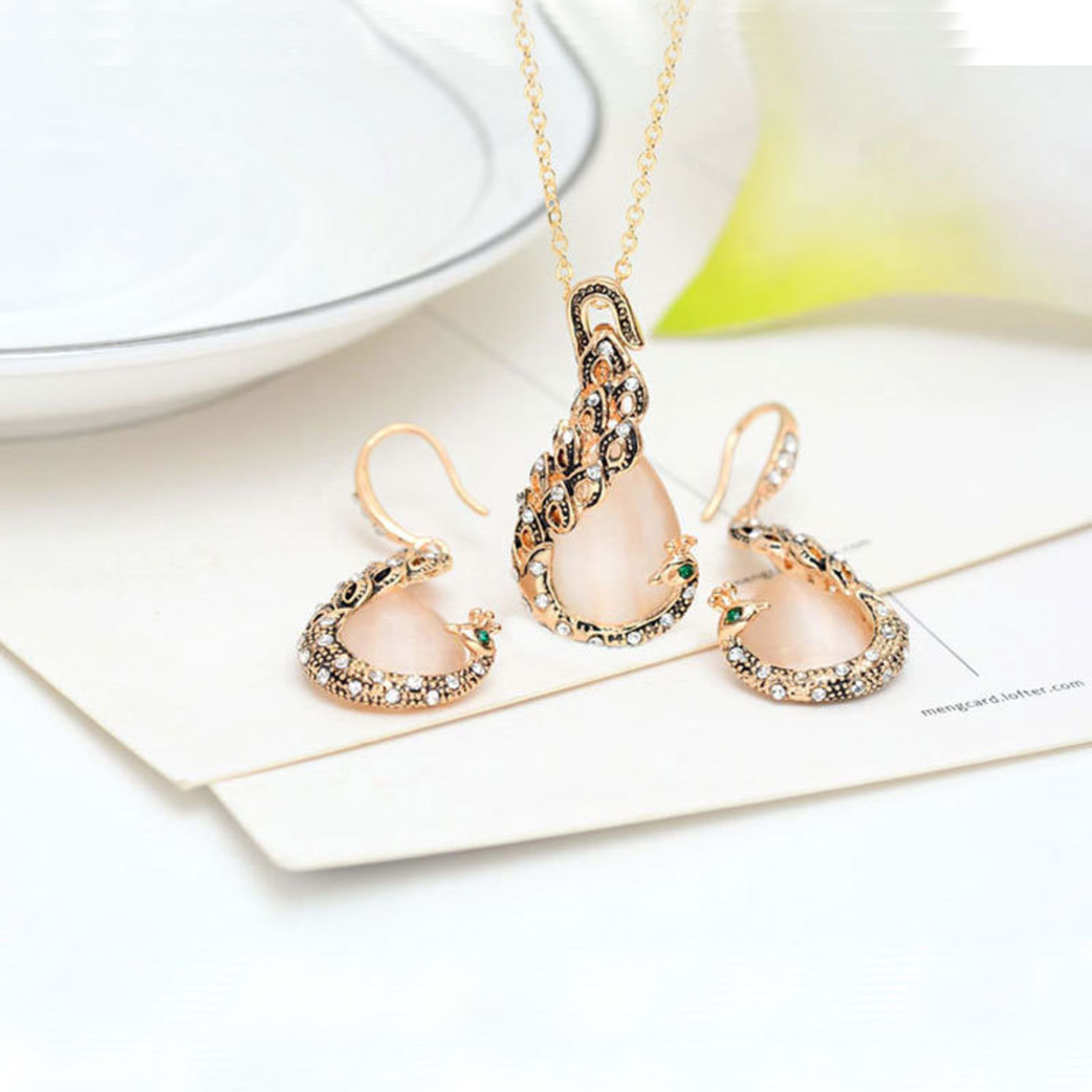 Bridal Jewelry Peacock Gem Necklace Earrings 1