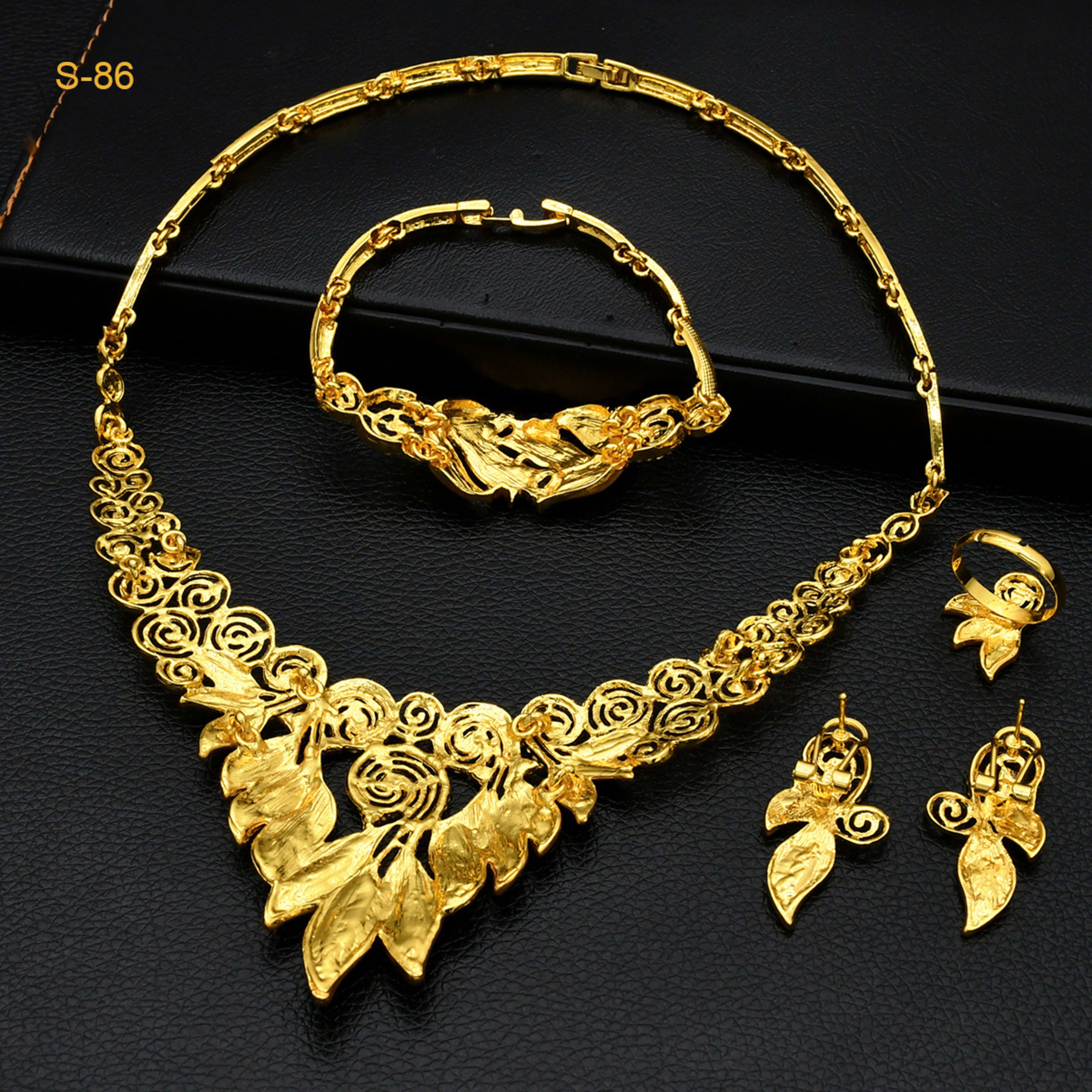 Women's Saudi Bridal Necklace Bracelet Earrings Four-piece Ring Set 4