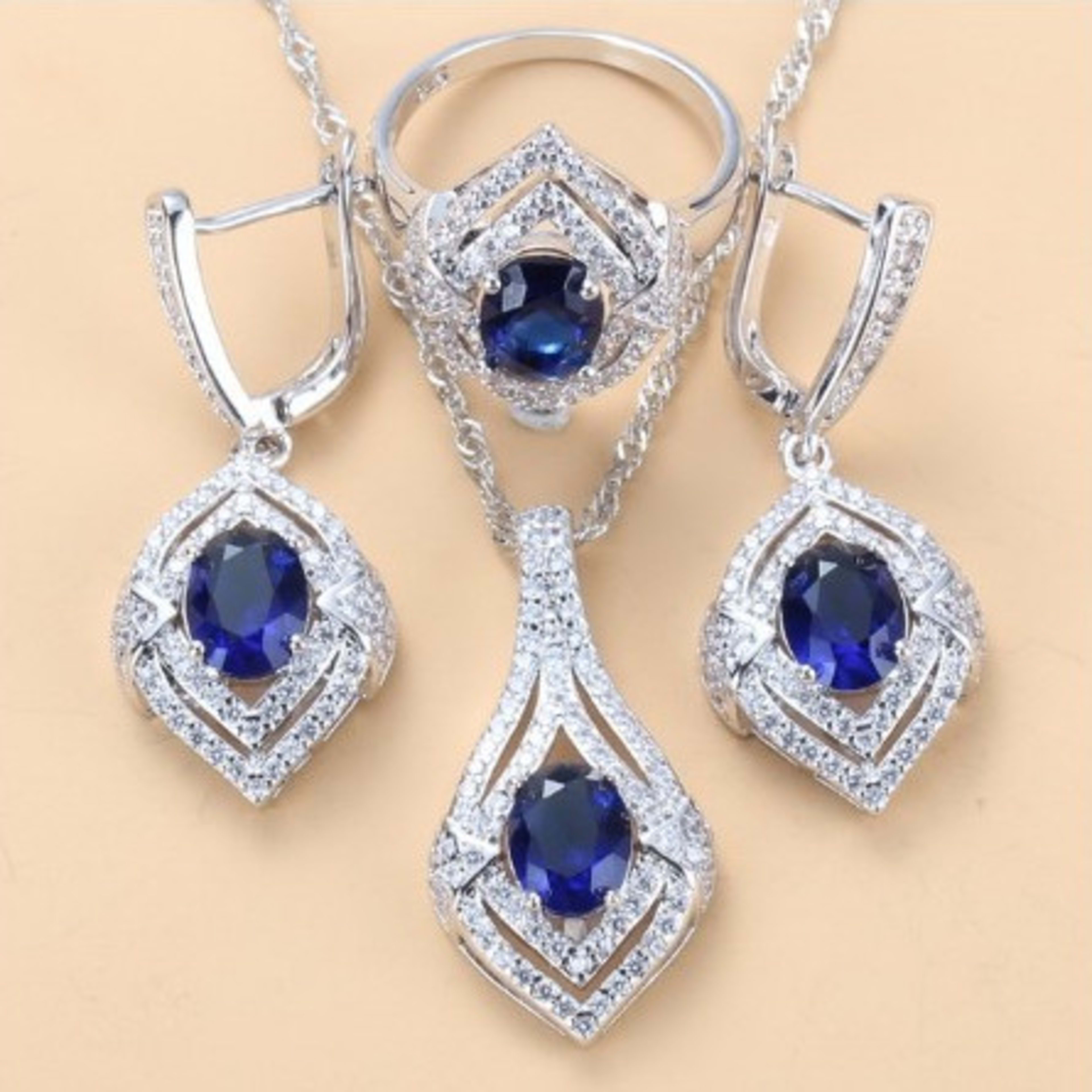 Gem-inlaid Pendant Earrings Necklace Ring Ladies Three-piece Set 5