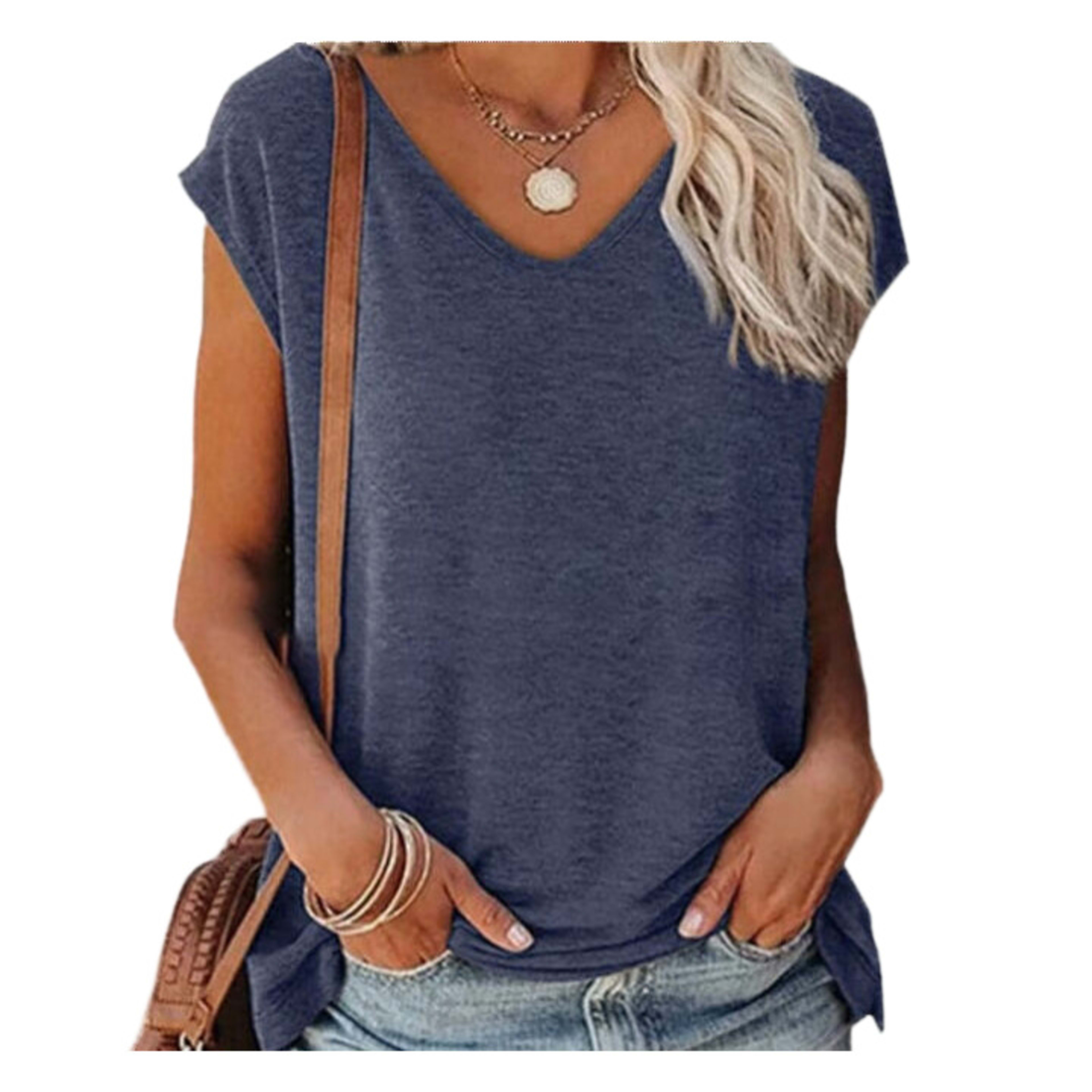 V-Neck Solid Loose Short-Sleeve Top