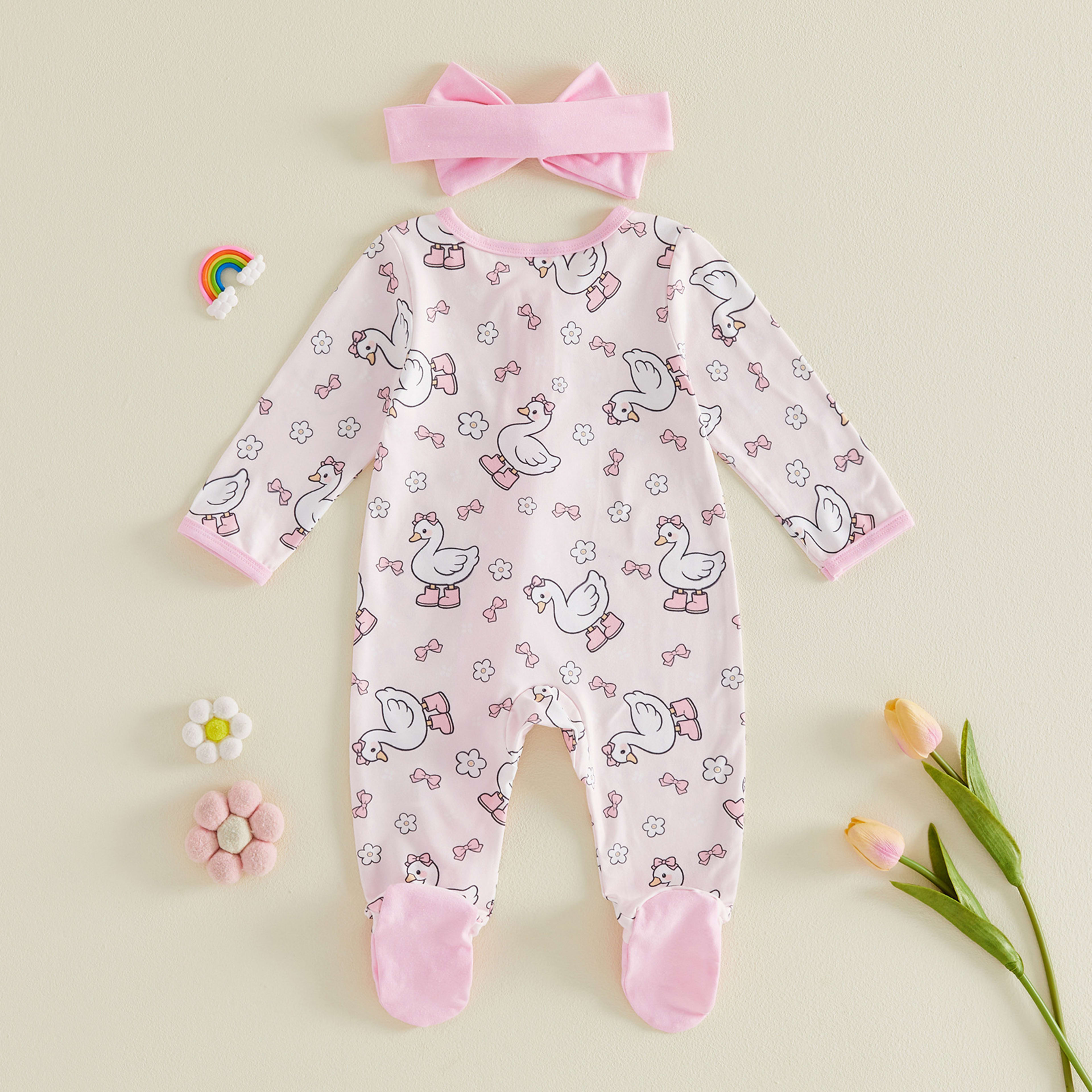 All-over Floral-print Zip-front Footed Romper Thin Style Headband 3