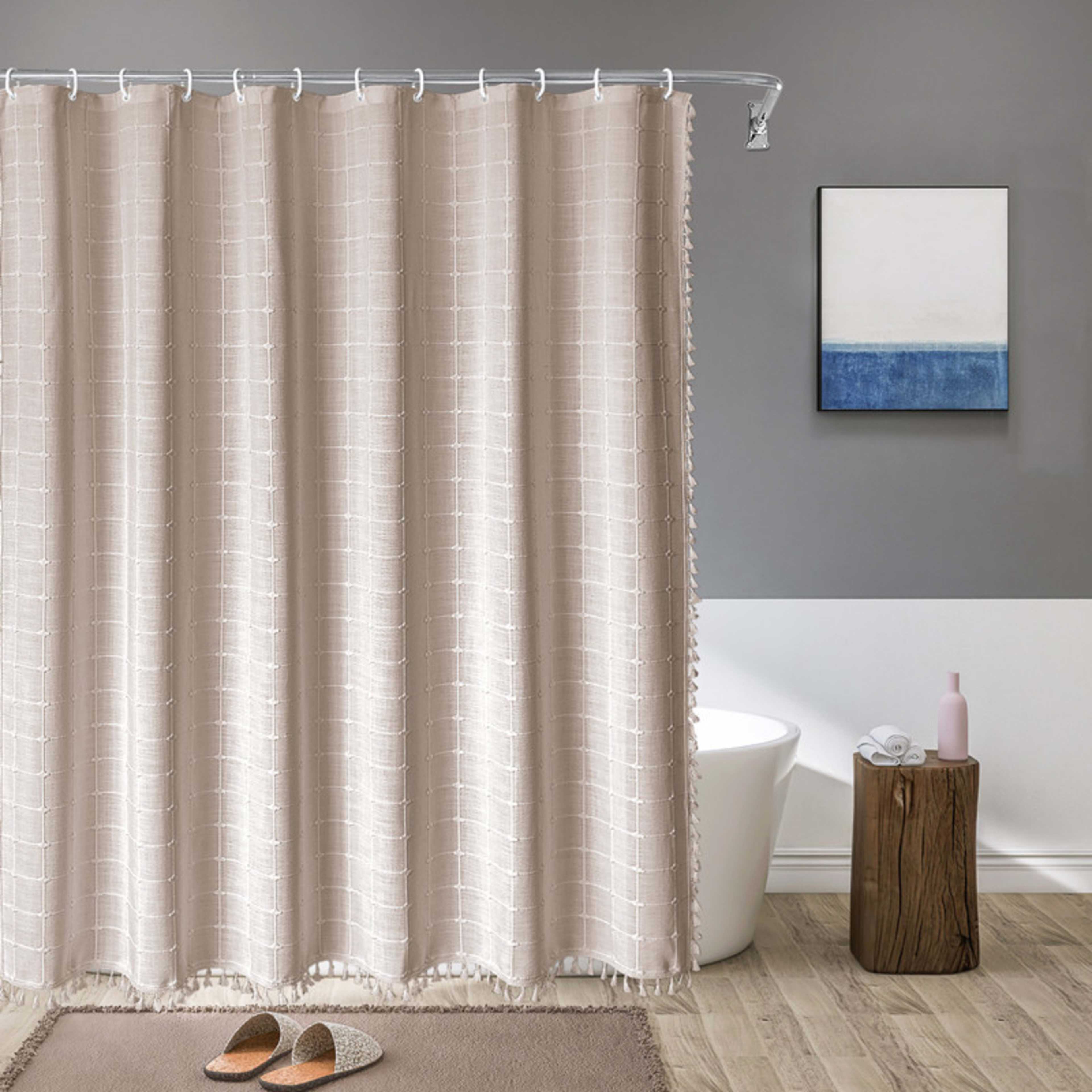 Tencel-linen Checkered Tassel Bathroom Checkered Partition Curtain Waterproof Shower Curtain 10