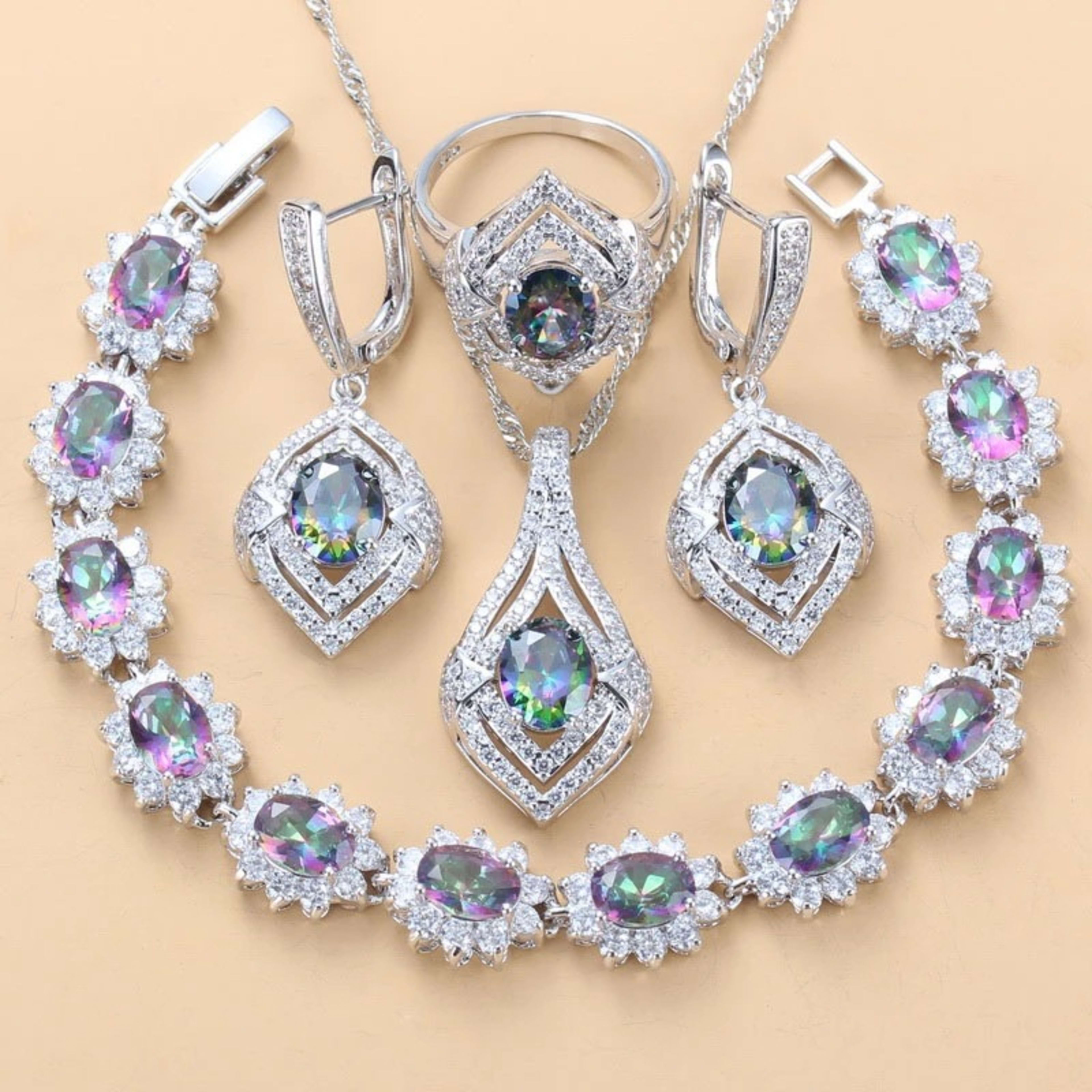 Inlaid Gemstone Pendant Earrings Necklace And Ring For Women 4 PCs Set 2