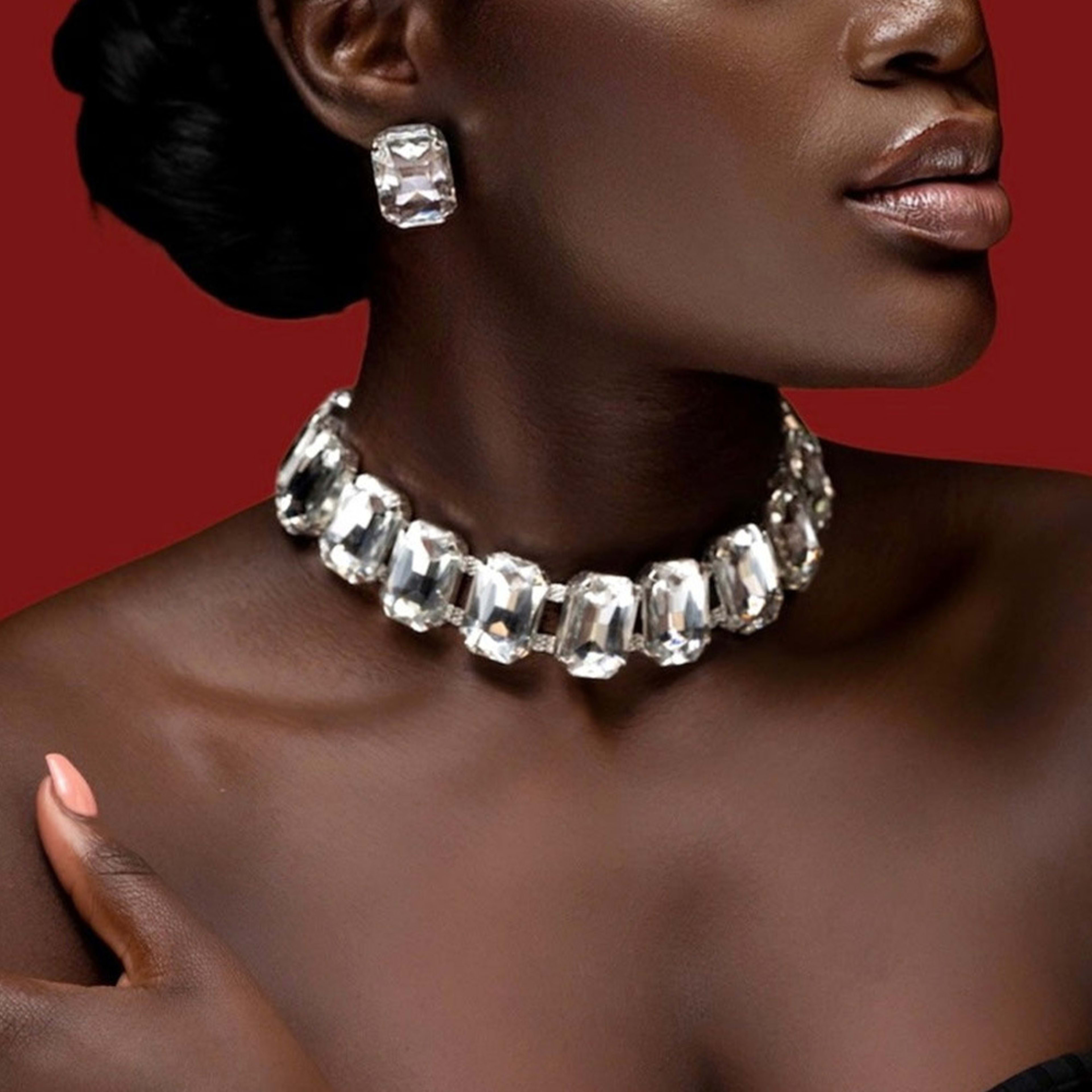 Light Luxury Geometric Crystal Necklace Suit Square Exaggerated Earrings Jewelry Set Decorations 3