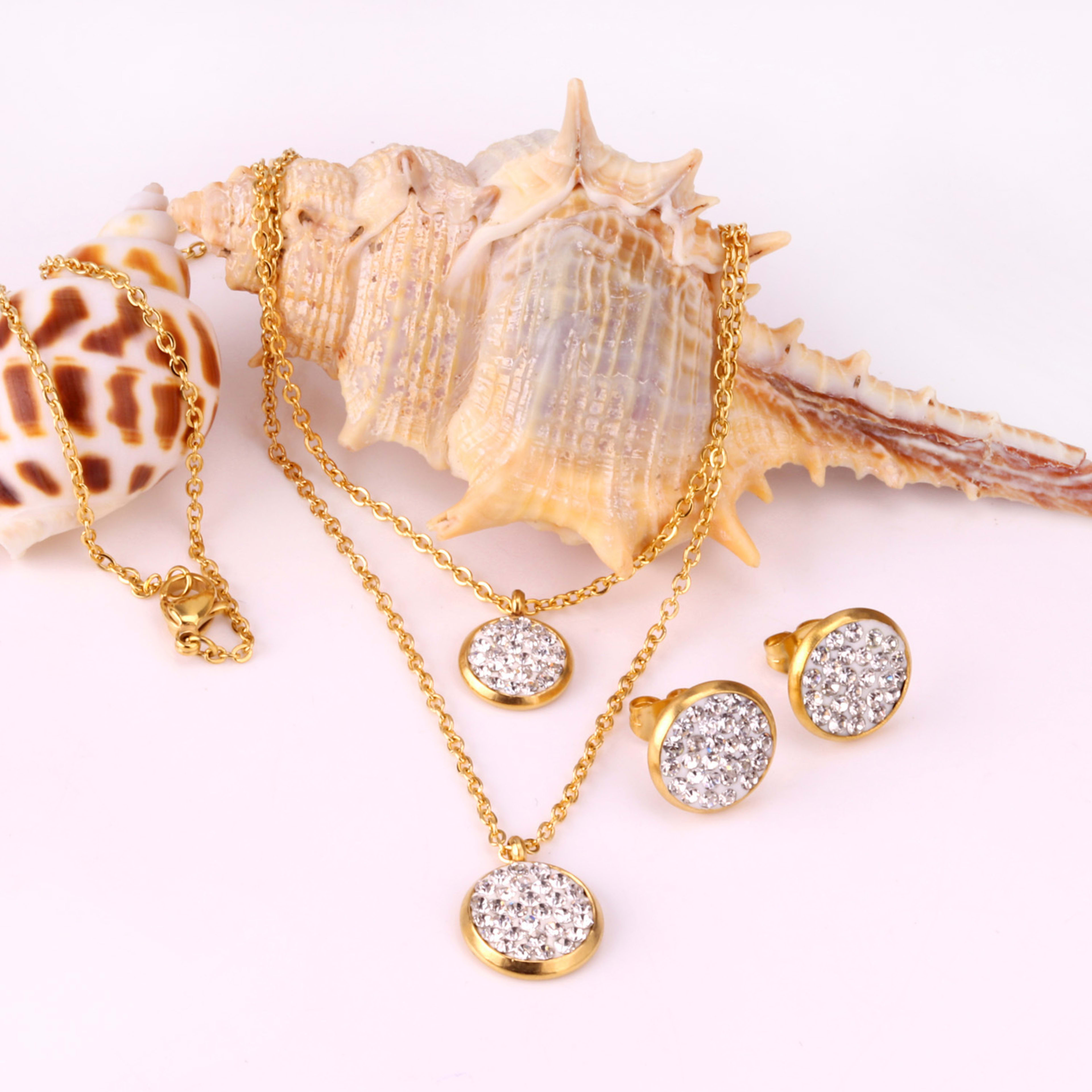 White Mud Pendant Double Chain Gold Stainless Steel Jewelry Set For Women 4