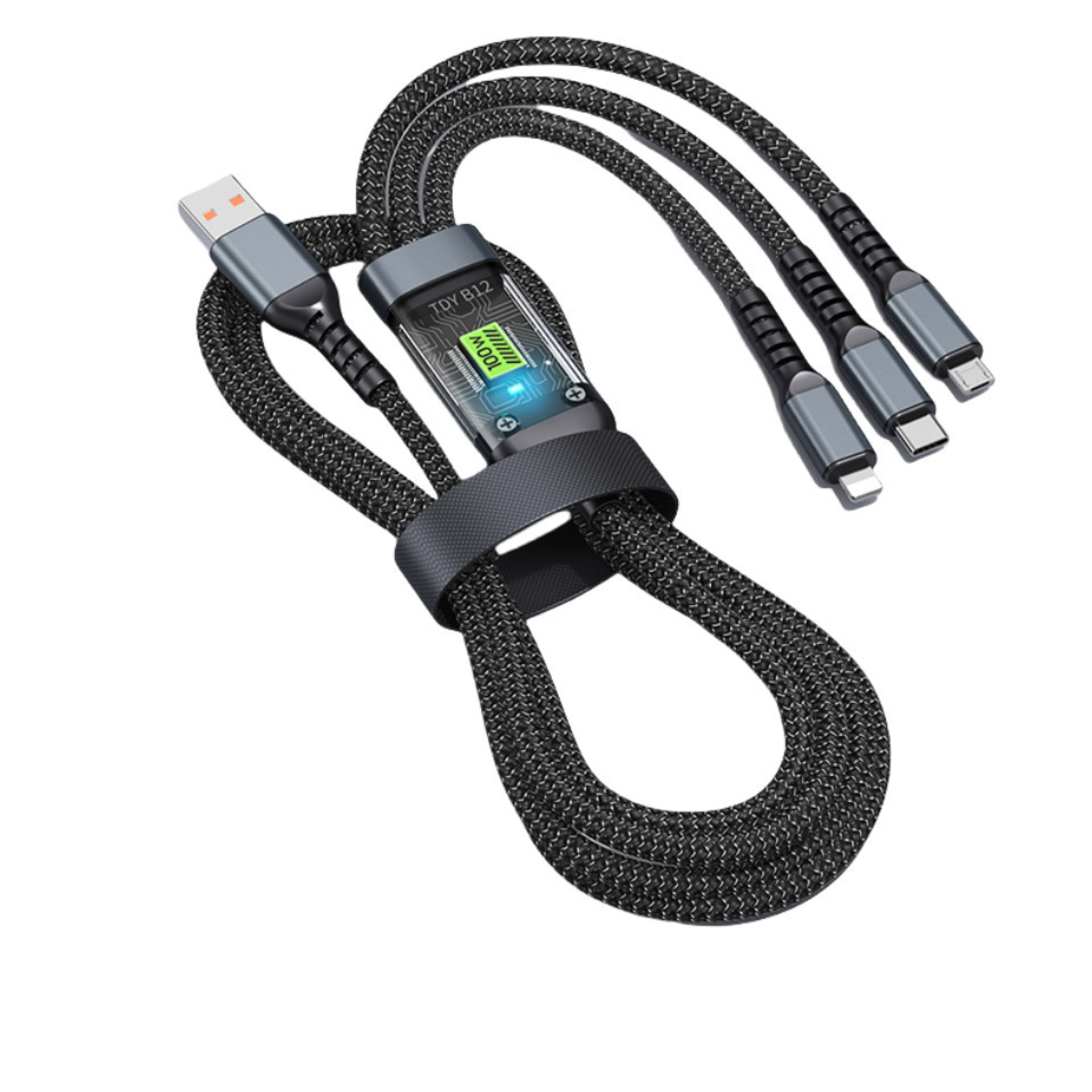 Mobile Phone Data Cable One-to-three Digital Display With Light Three-in-one Fast Charge Car Charging Cable 5