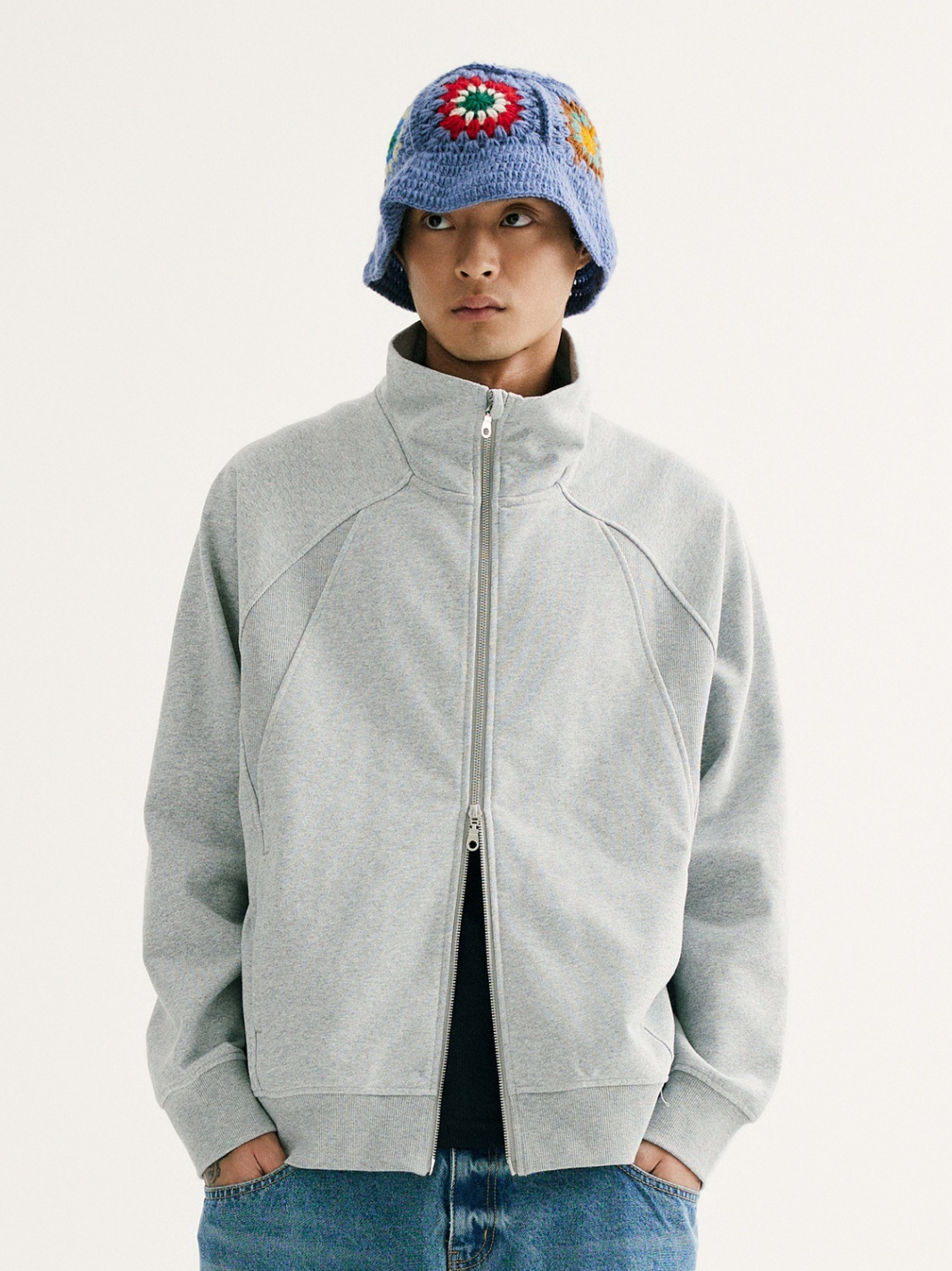 Retro Solid-color Curved-cut Stand-collar Zip-up Hoodie 2