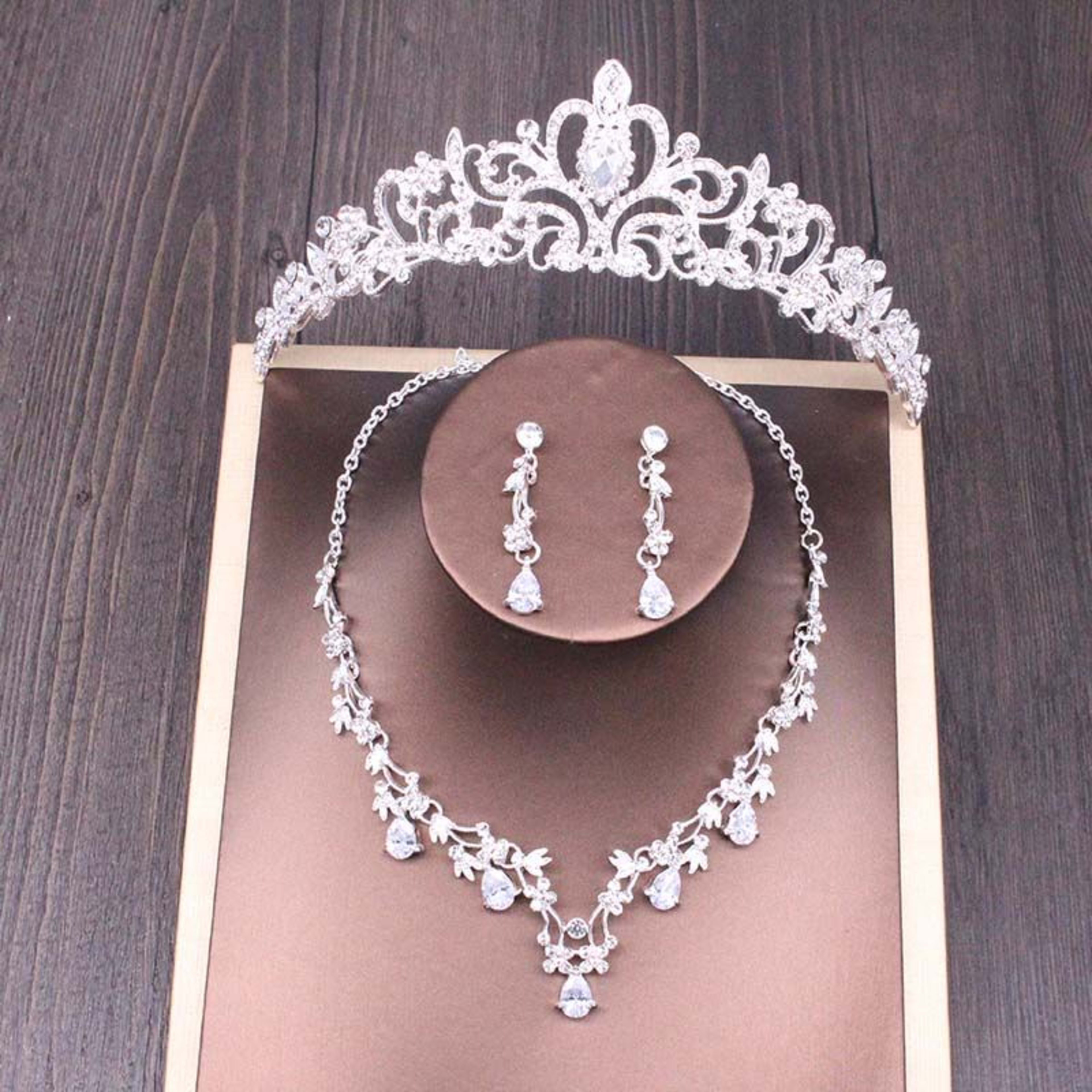 Bridal Rhinestone Crown Necklace Set Wedding Accessories 6