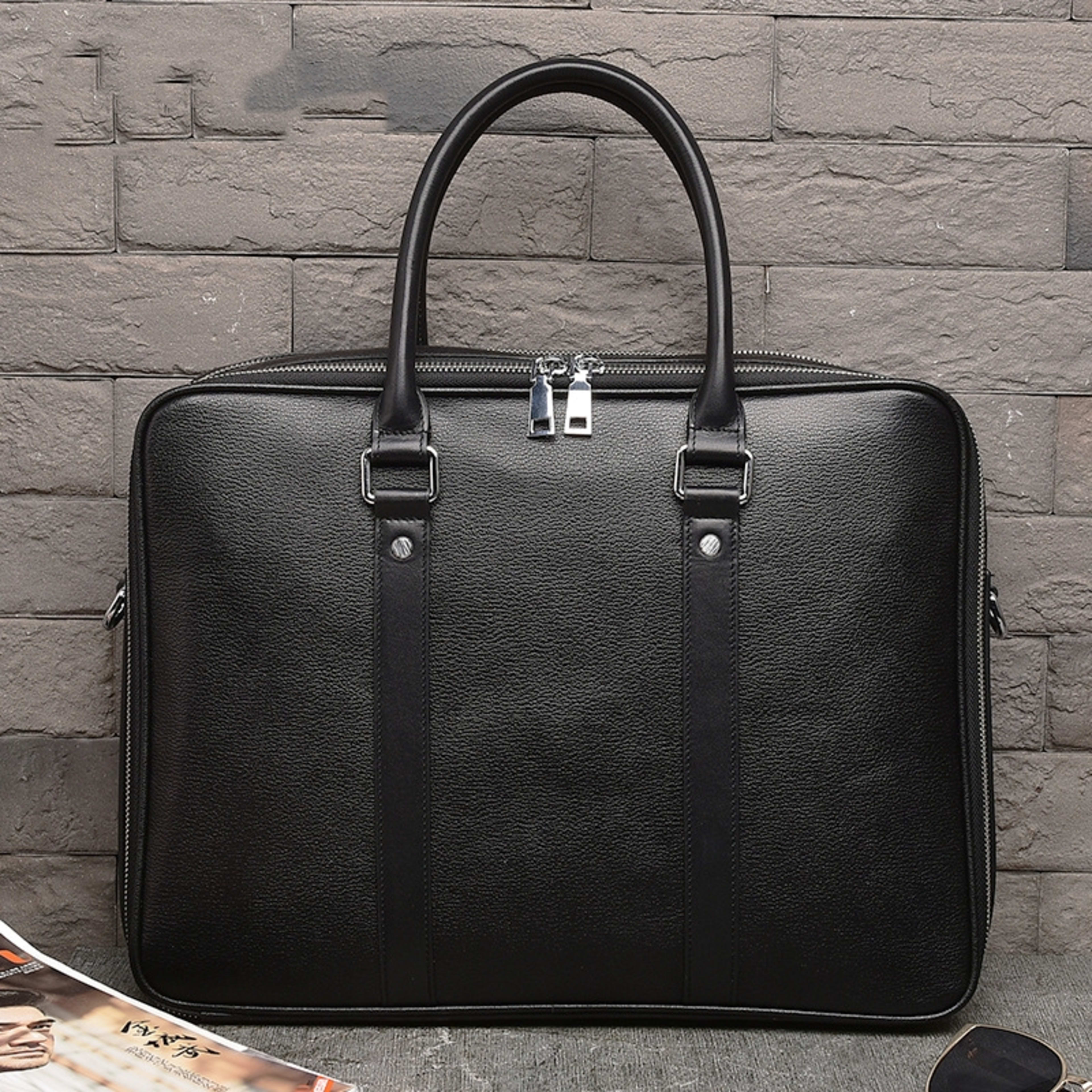 Men's Real-leather Handbag Double Zipper Cattlehide Leather Fashion 3