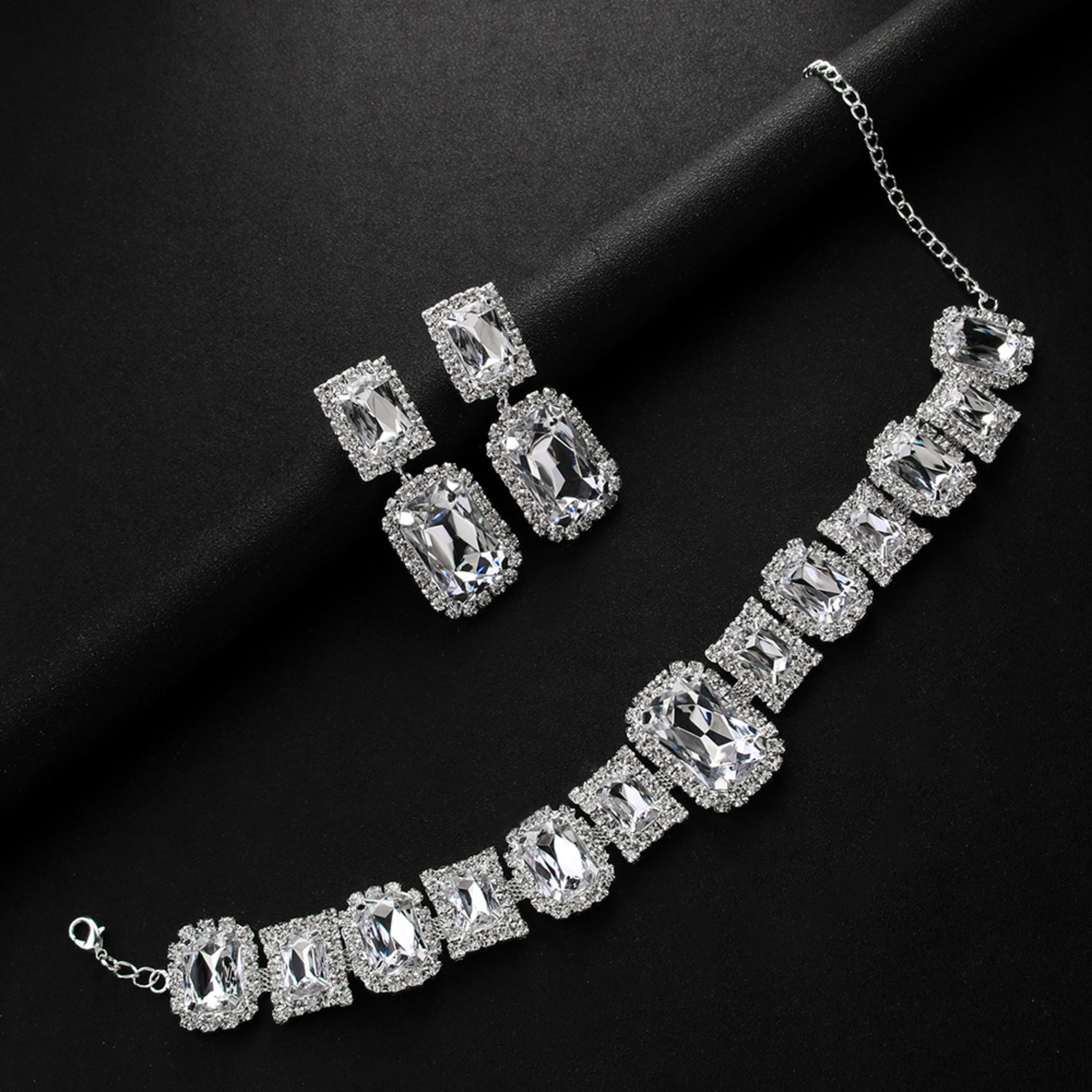 Light Luxury Geometric Crystal Necklace Suit Square Exaggerated Earrings Jewelry Set Decorations 7
