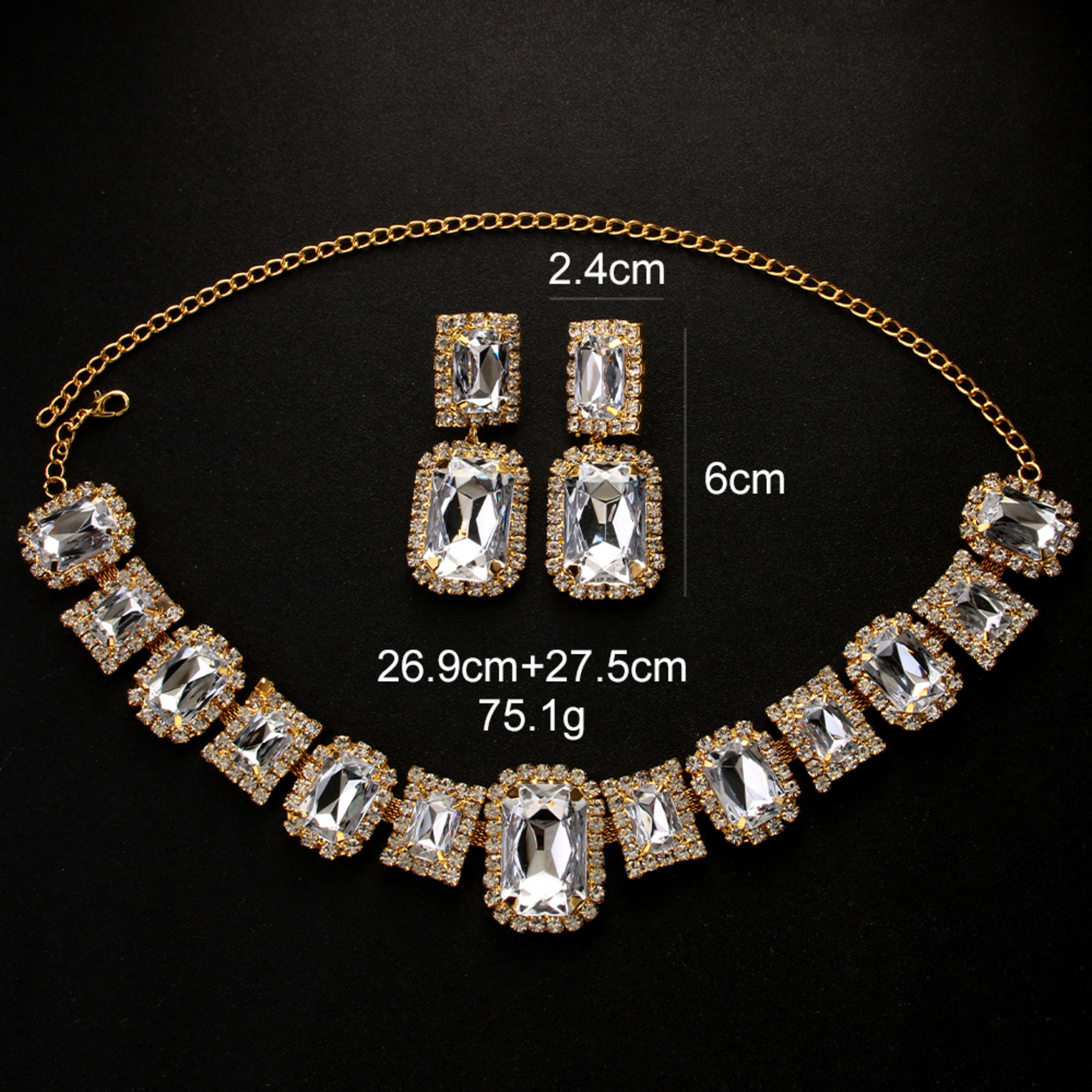Light Luxury Geometric Crystal Necklace Suit Square Exaggerated Earrings Jewelry Set Decorations 2