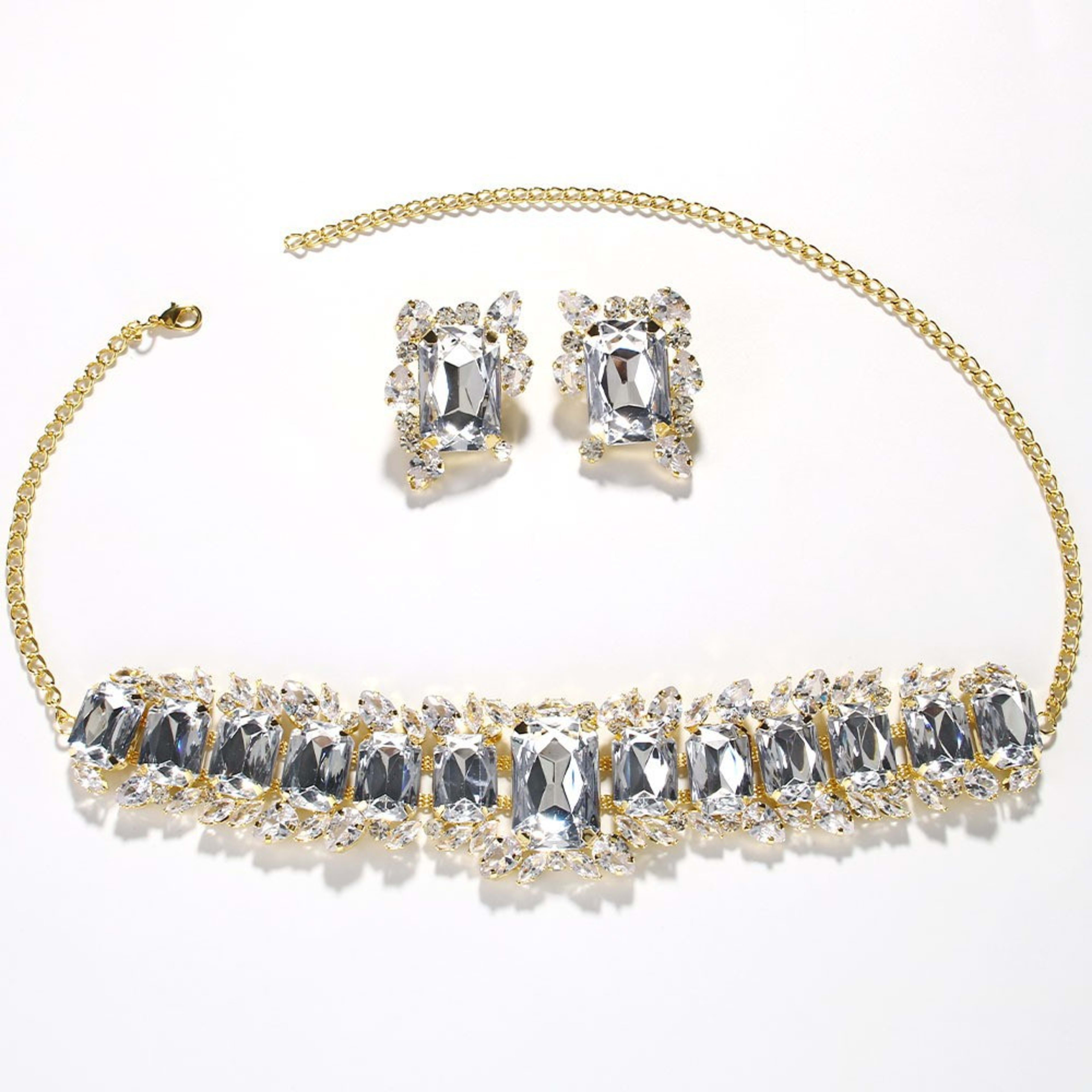 Light Luxury Geometric Crystal Necklace Suit Square Exaggerated Earrings Jewelry Set Decorations 8
