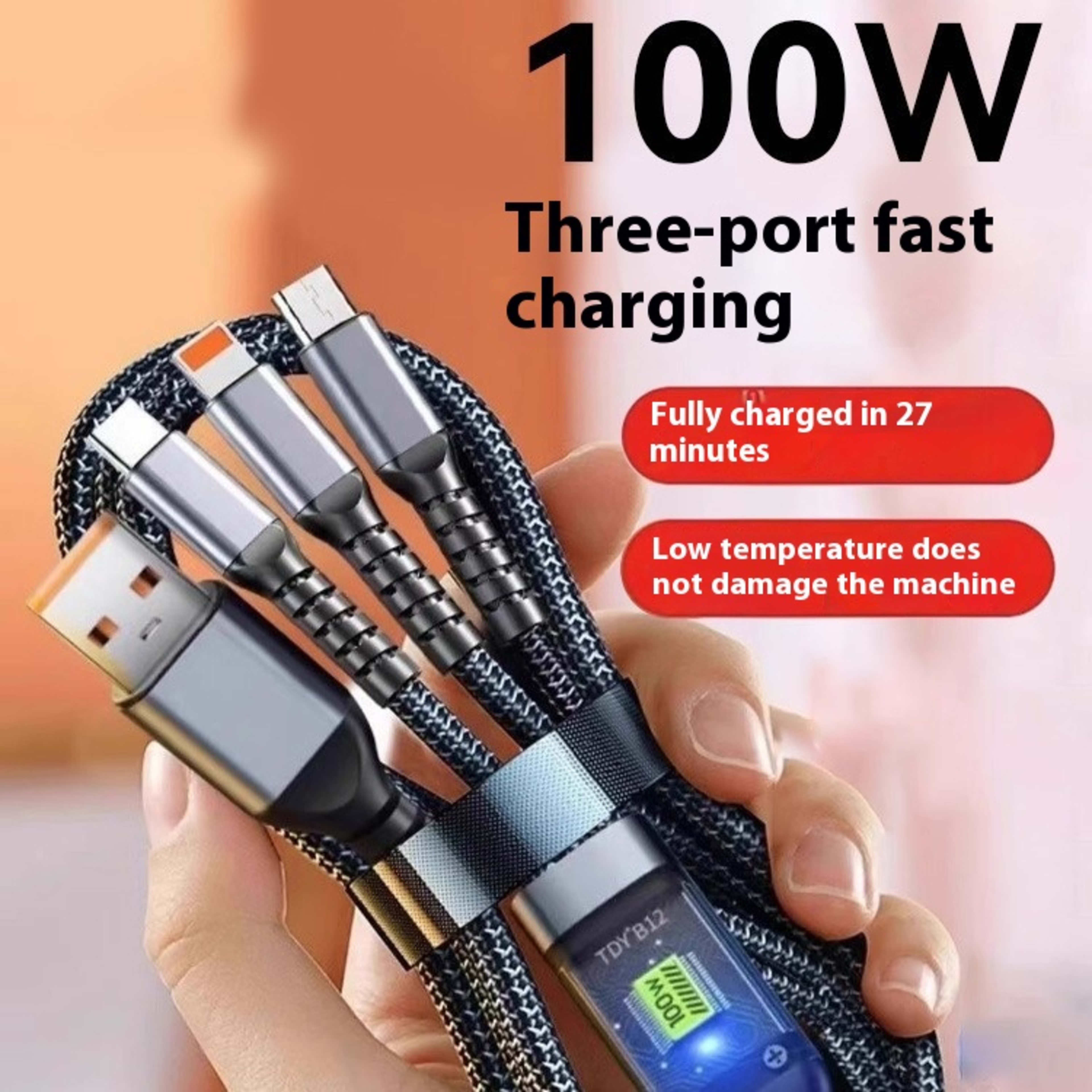 Mobile Phone Data Cable One-to-three Digital Display With Light Three-in-one Fast Charge Car Charging Cable 6