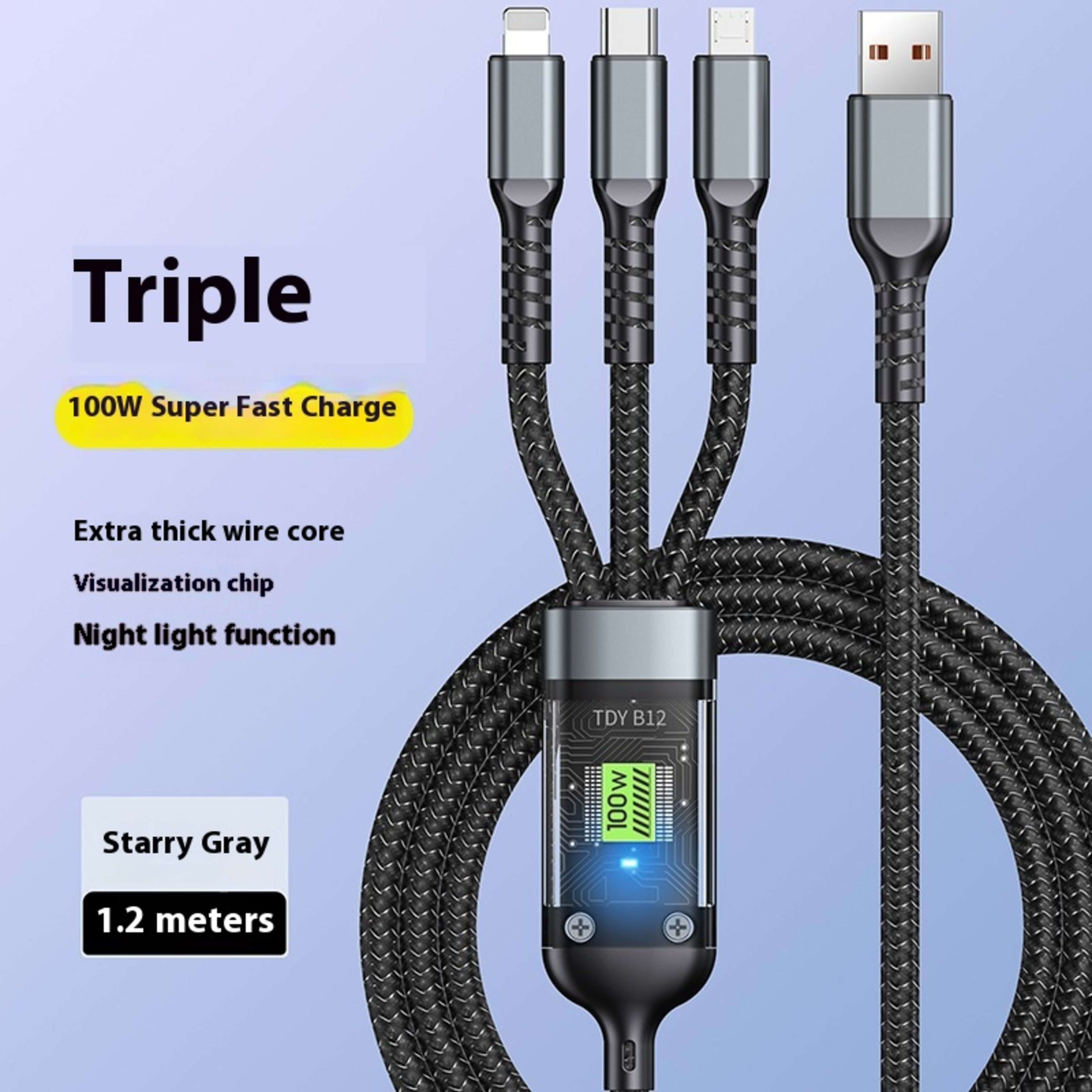 Mobile Phone Data Cable One-to-three Digital Display With Light Three-in-one Fast Charge Car Charging Cable 2