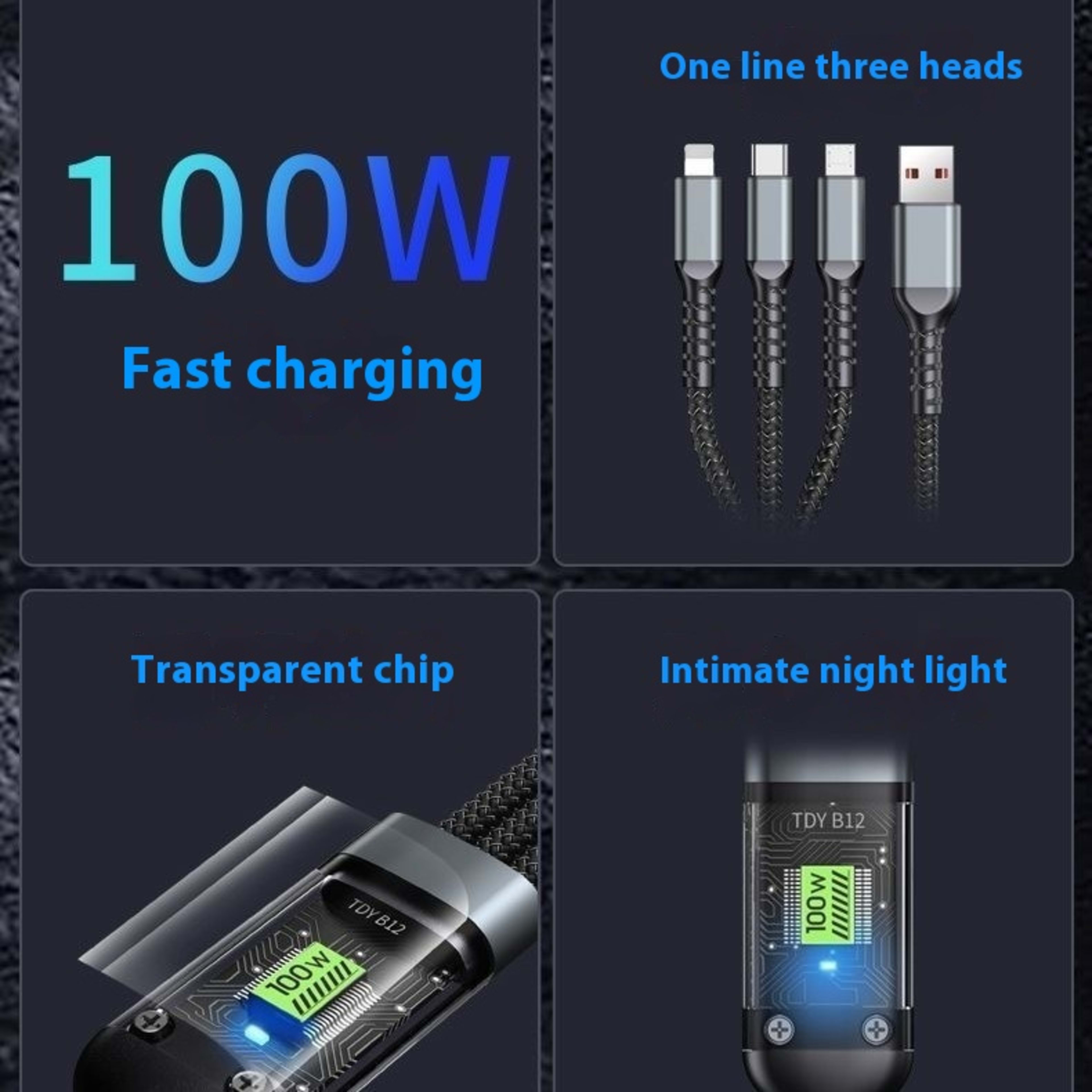 Mobile Phone Data Cable One-to-three Digital Display With Light Three-in-one Fast Charge Car Charging Cable 3