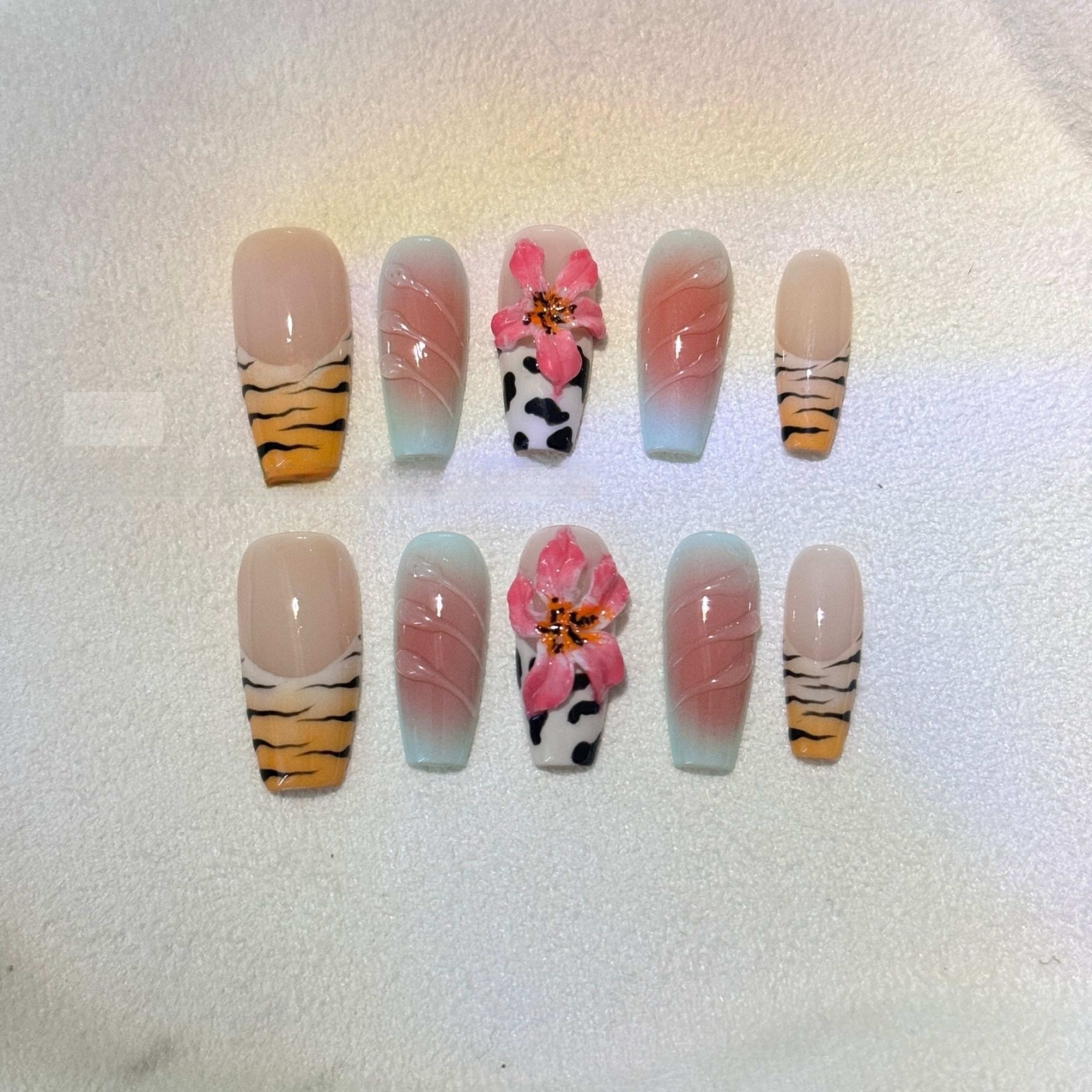 Zebra Pattern Lily Hand Carving Nail Art