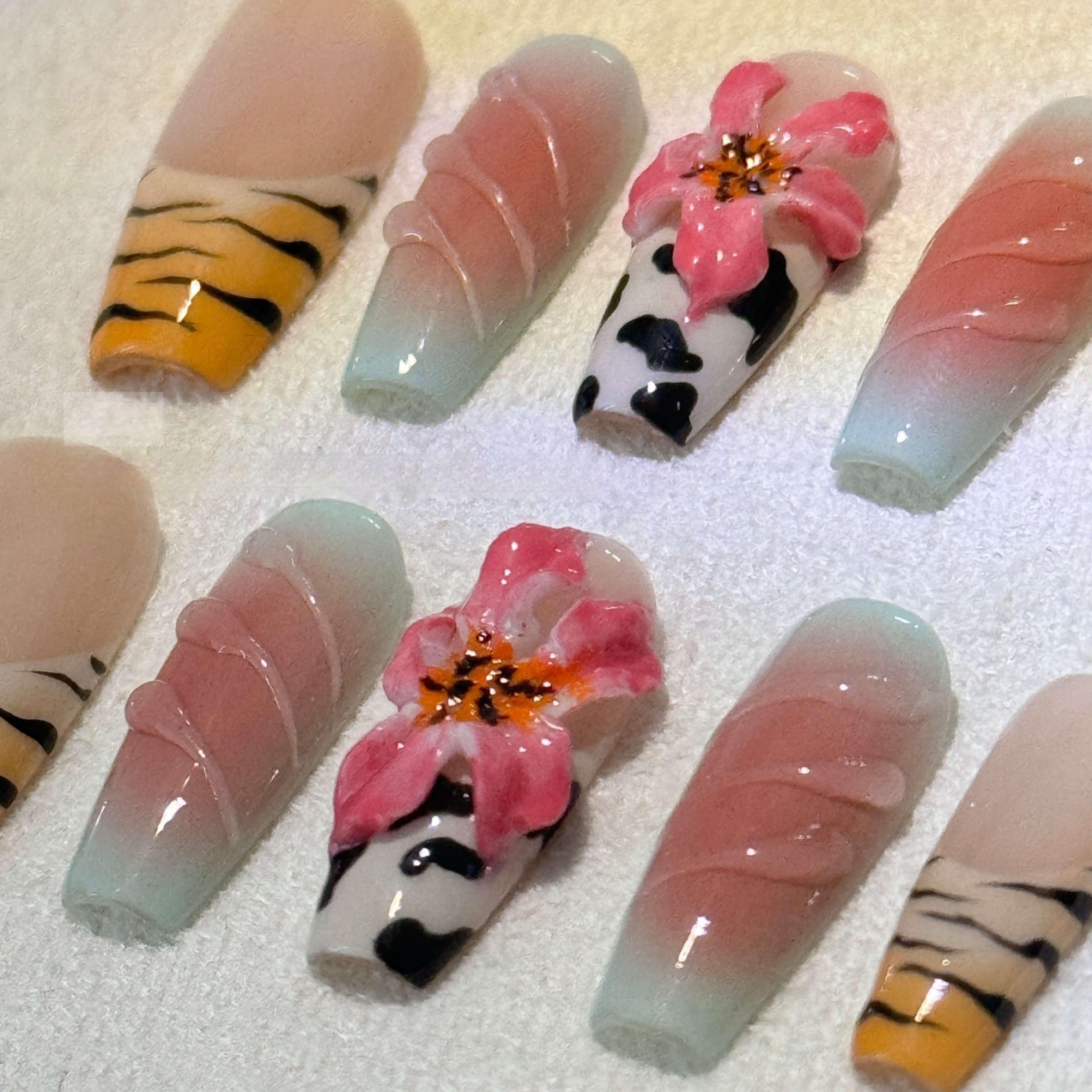 Zebra Pattern Lily Hand Carving Nail Art 4