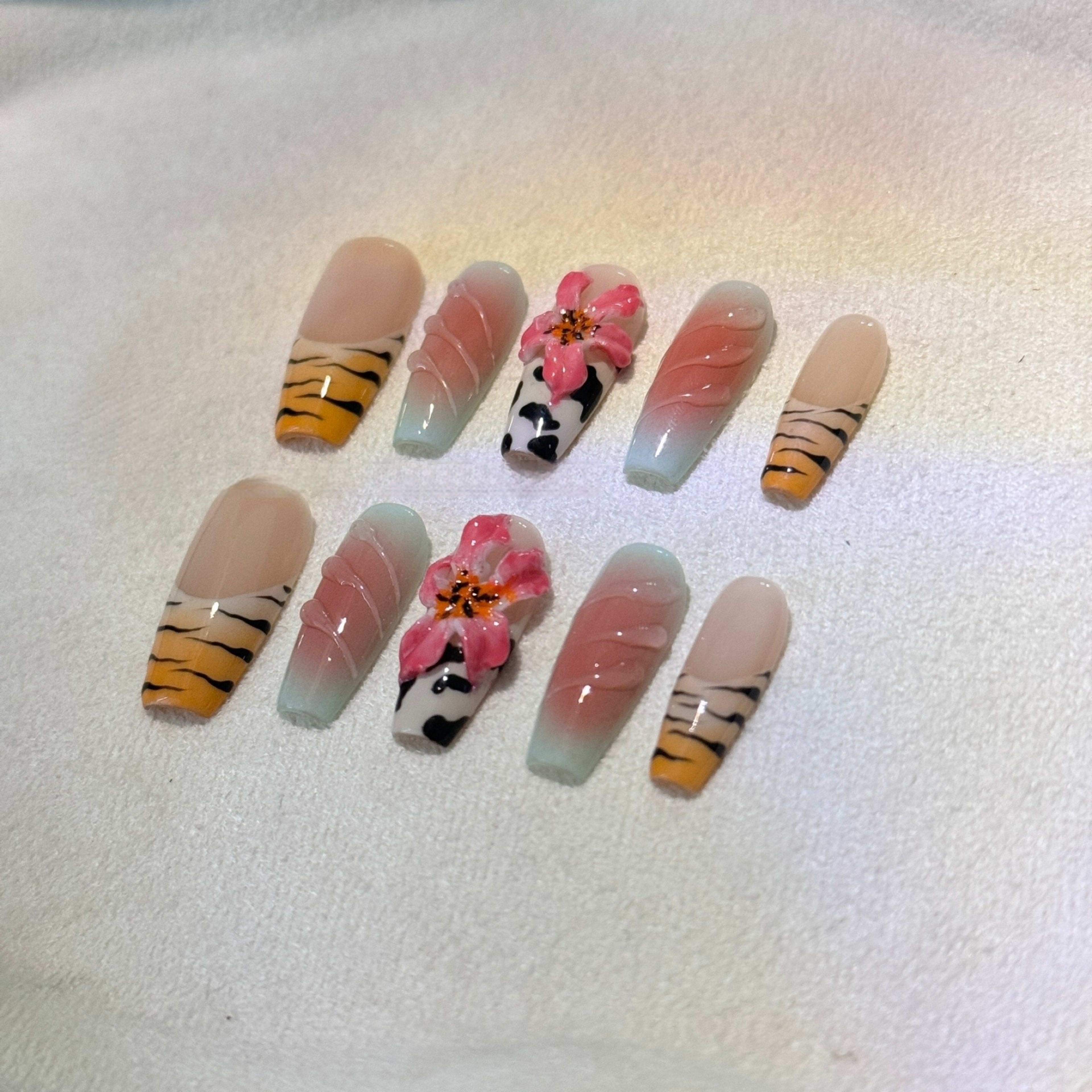Zebra Pattern Lily Hand Carving Nail Art 1