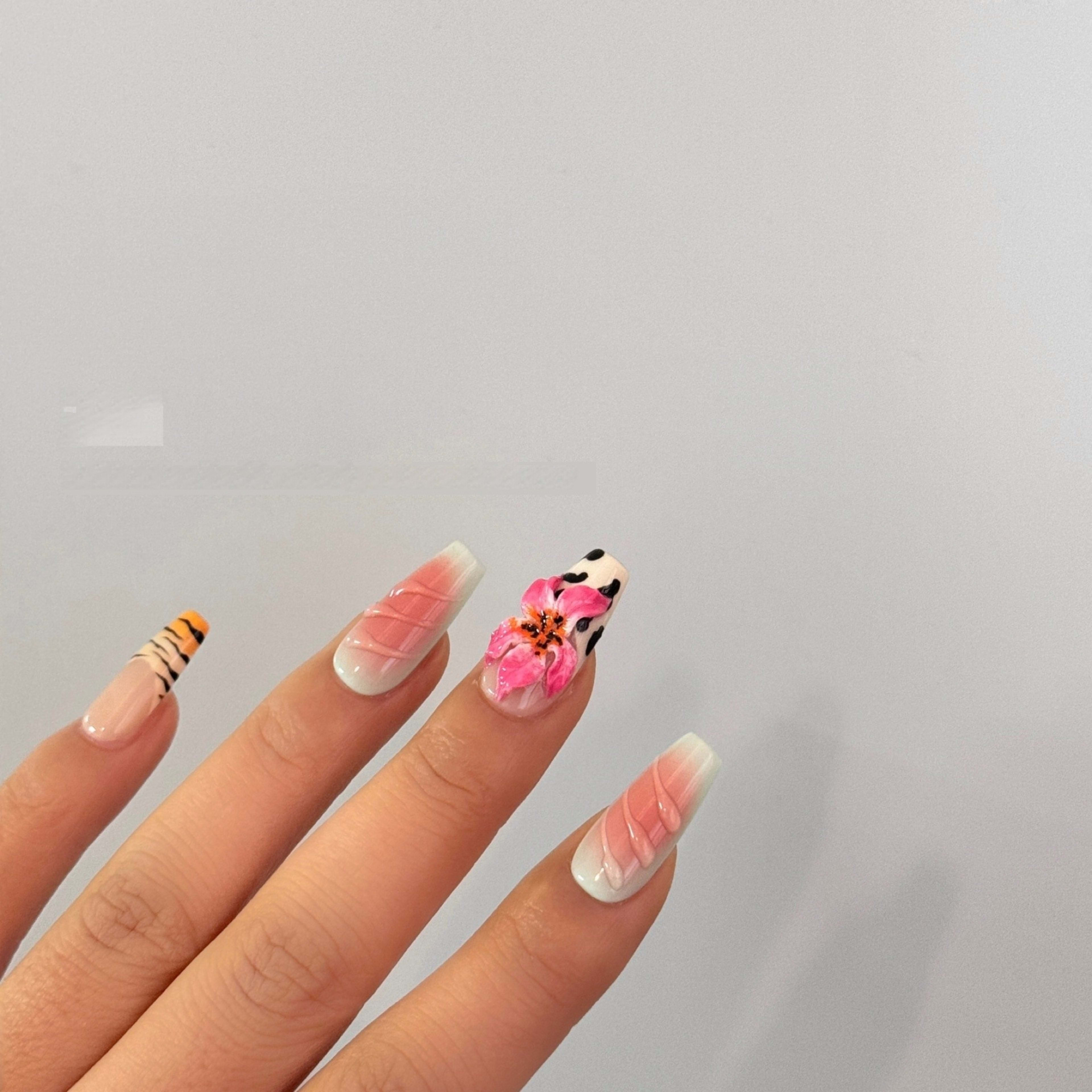 Zebra Pattern Lily Hand Carving Nail Art 5