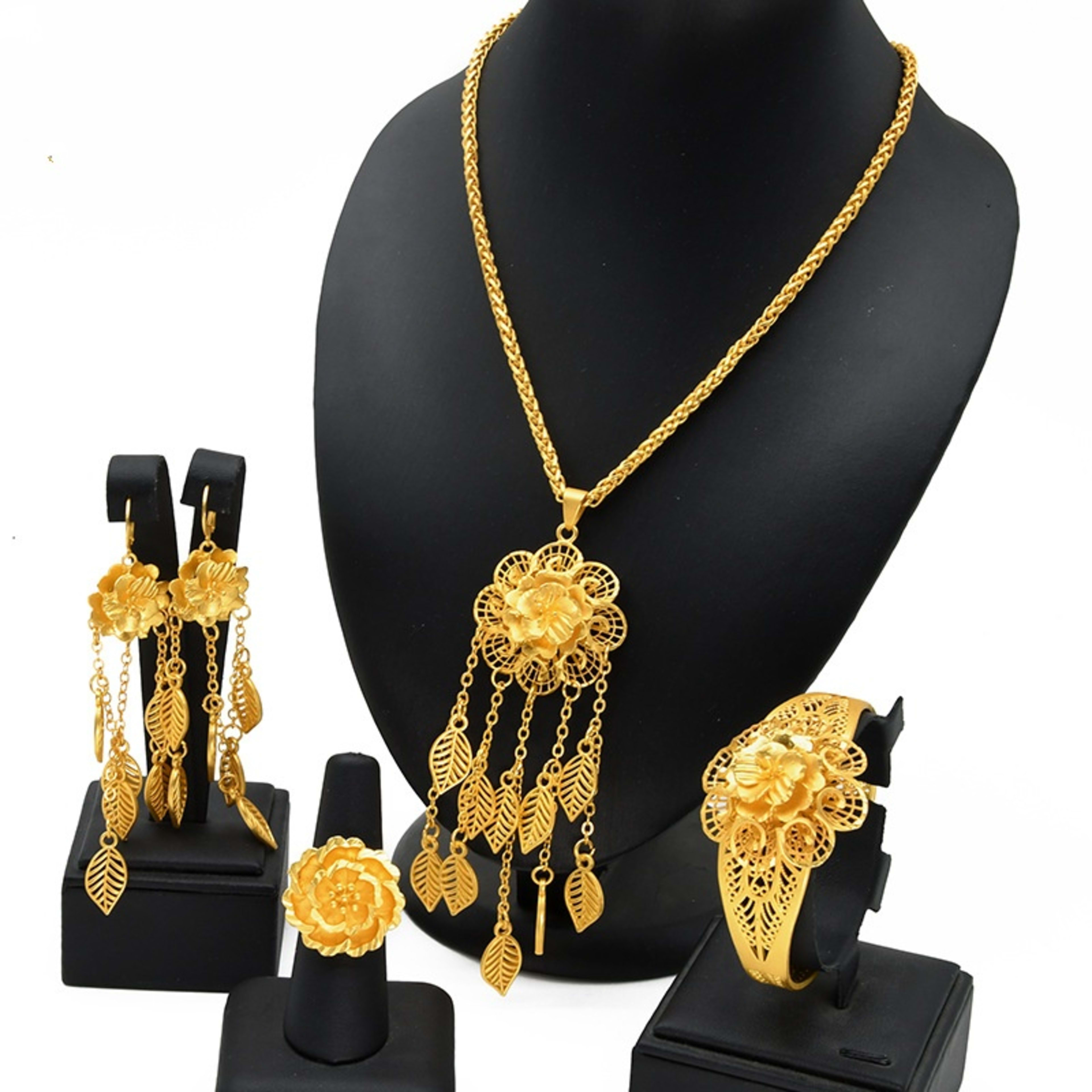 Lady's Flower Necklace Earring Ring Bracelet Copper-plated Gold Jewelry Suit 4