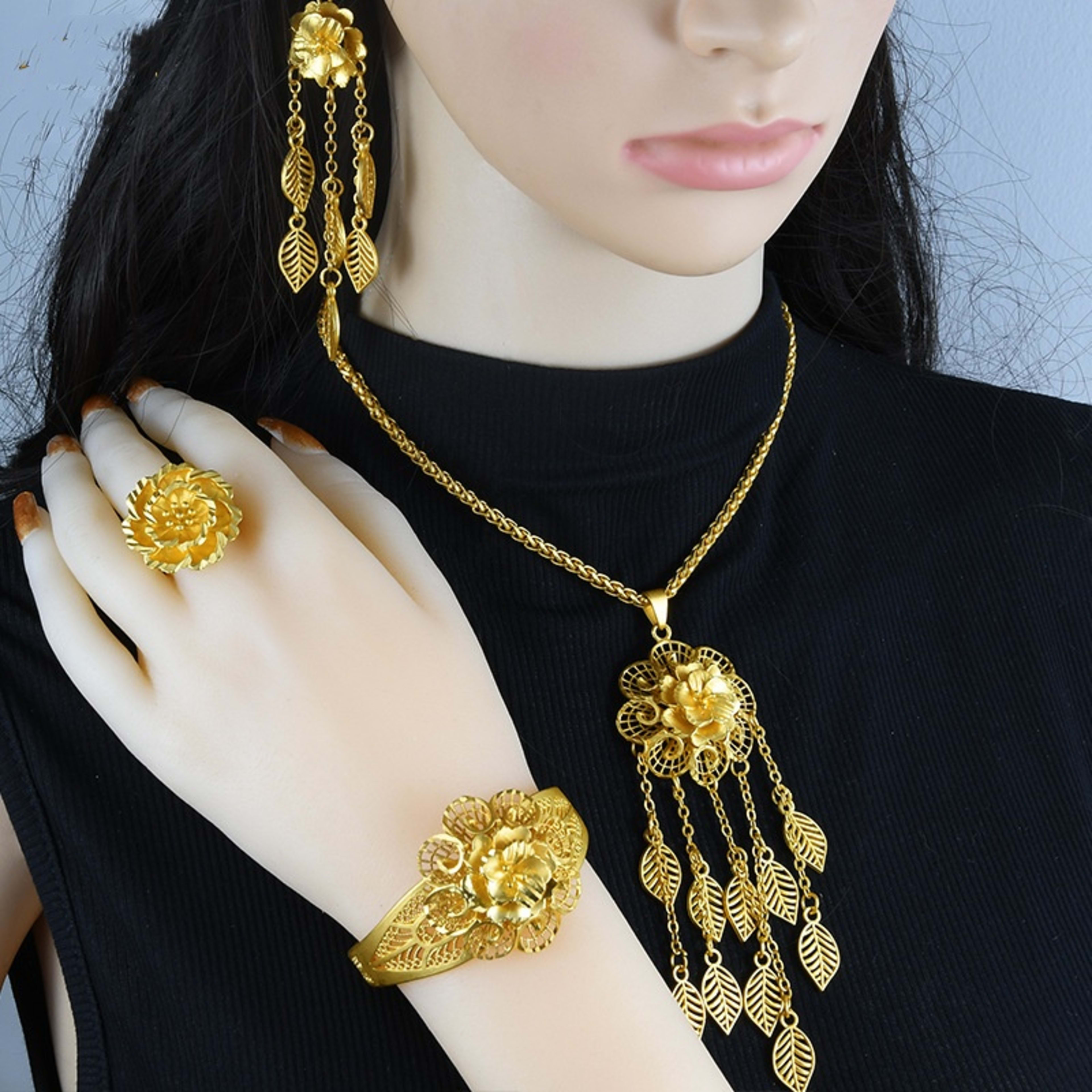 Lady's Flower Necklace Earring Ring Bracelet Copper-plated Gold Jewelry Suit 2