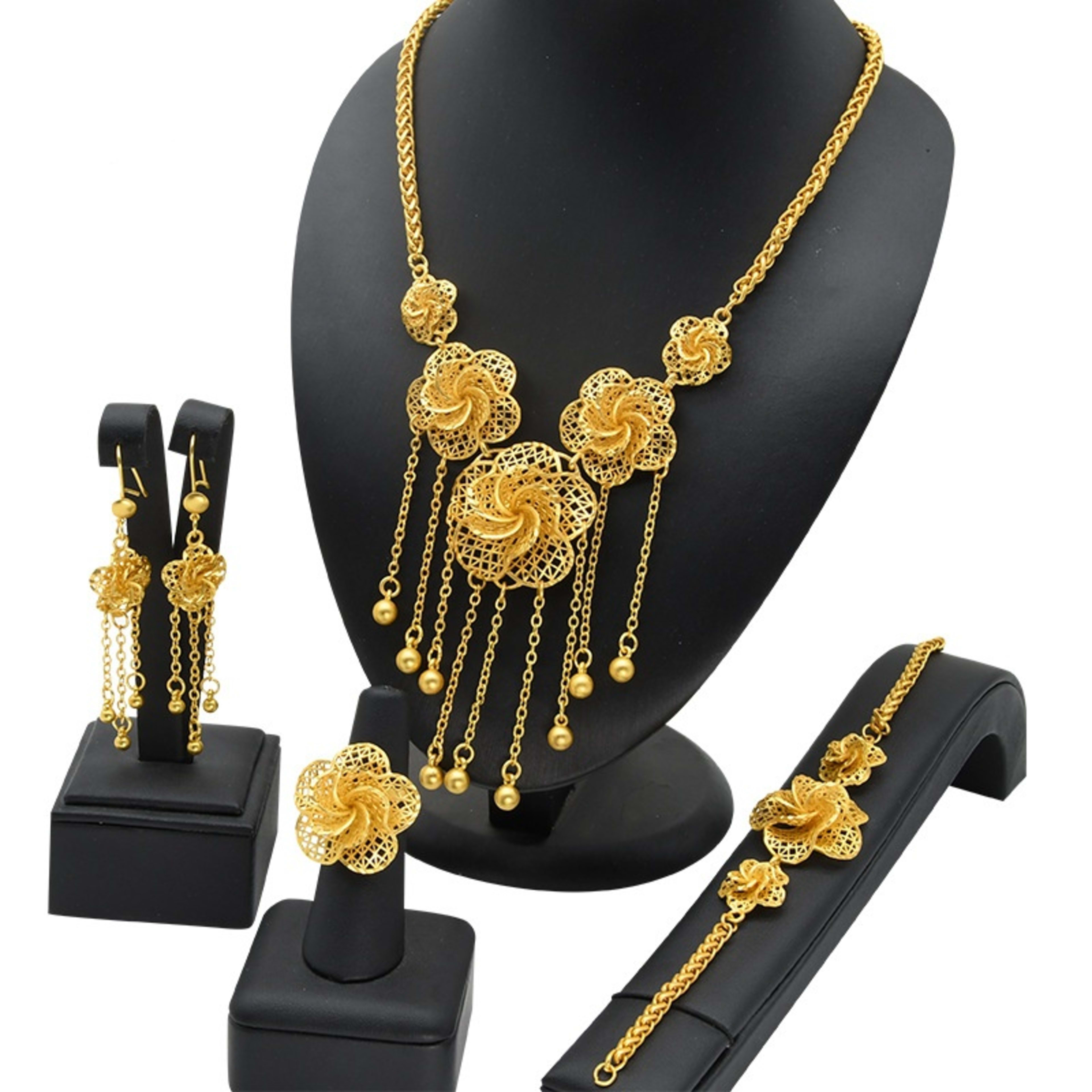Lady's Flower Necklace Earring Ring Bracelet Copper-plated Gold Jewelry Suit 5