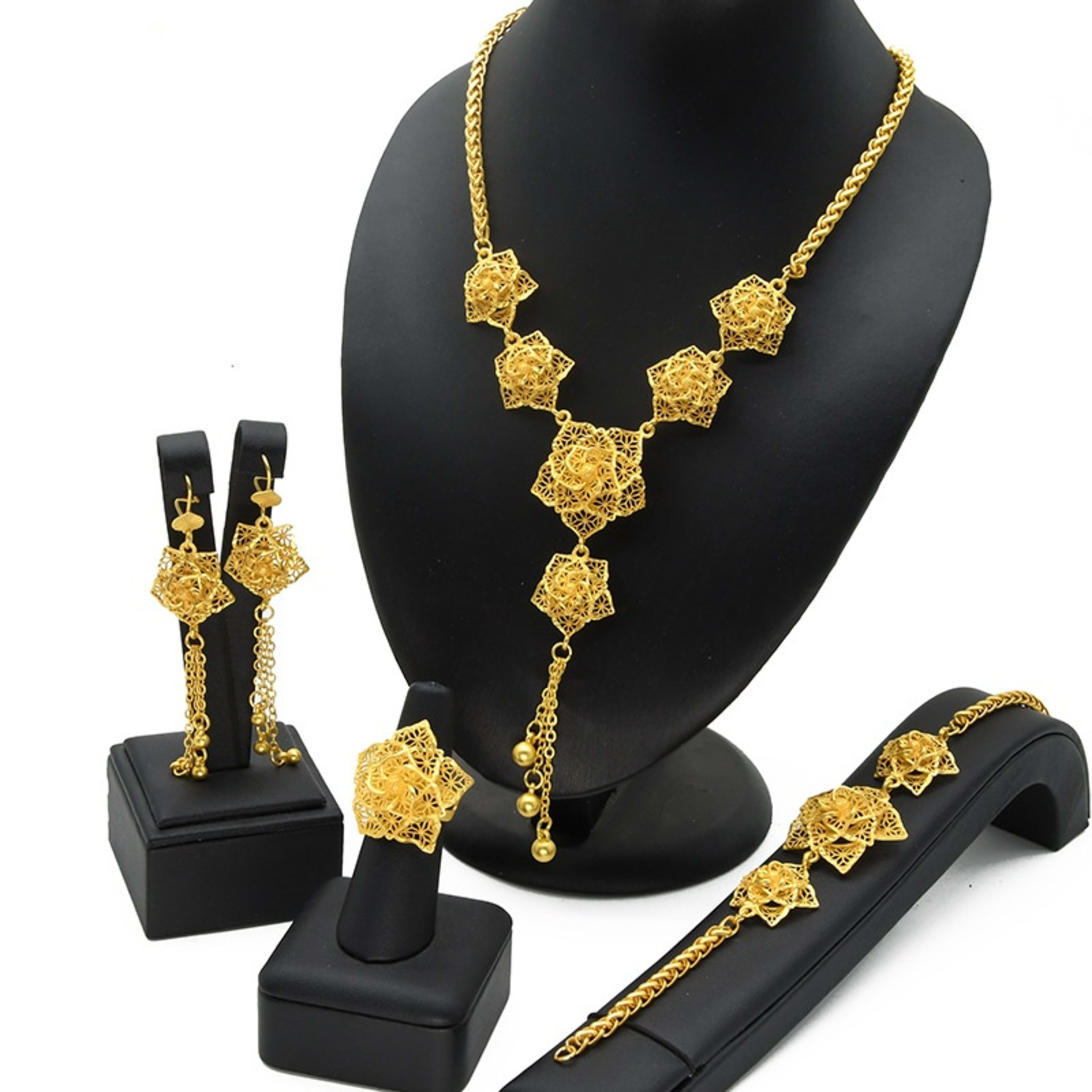 Lady's Flower Necklace Earring Ring Bracelet Copper-plated Gold Jewelry Suit 3
