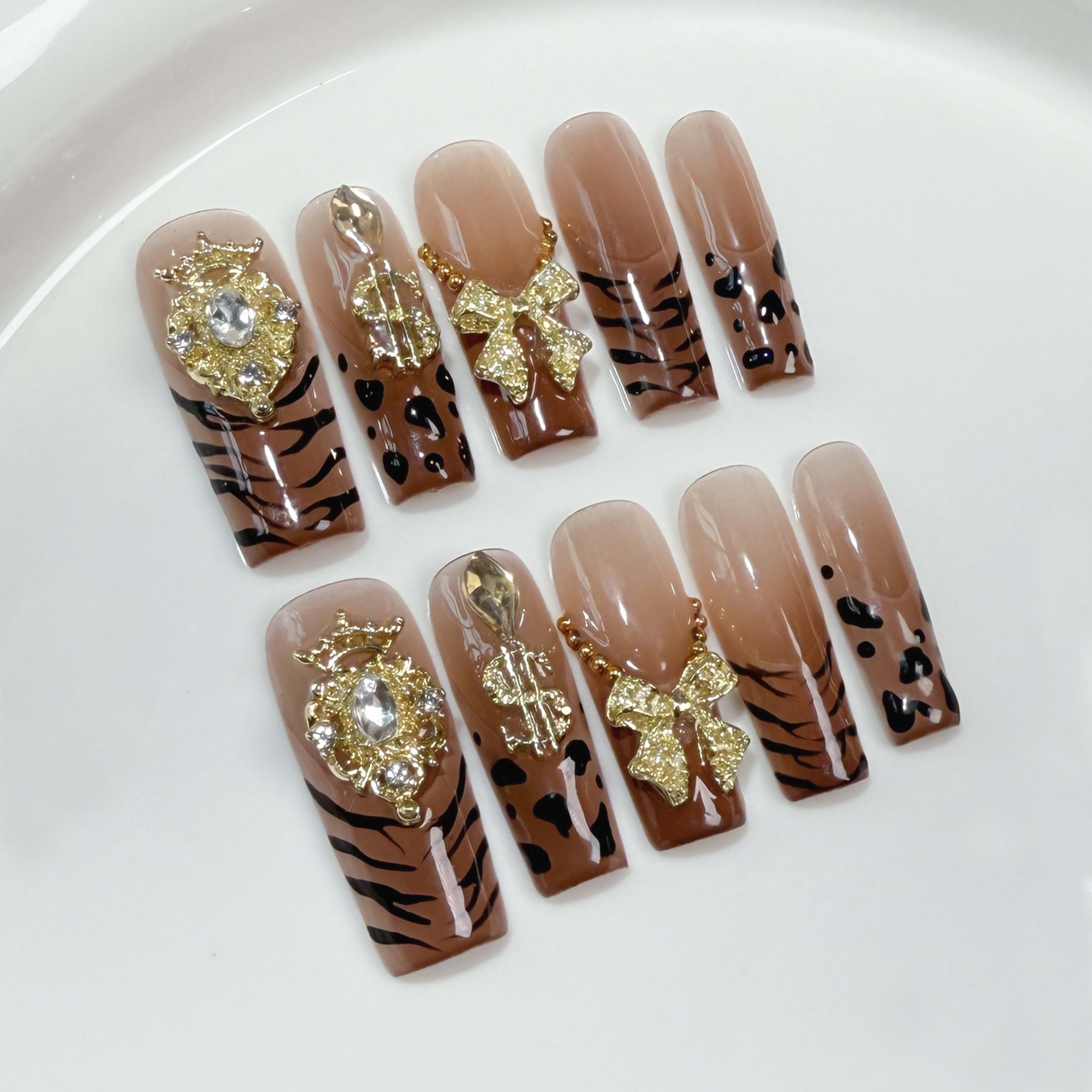 Ice Transparent Gradient Leopard Print Hand-painted Wear Armor Pure Hand-made Detachable Fake Nails 3