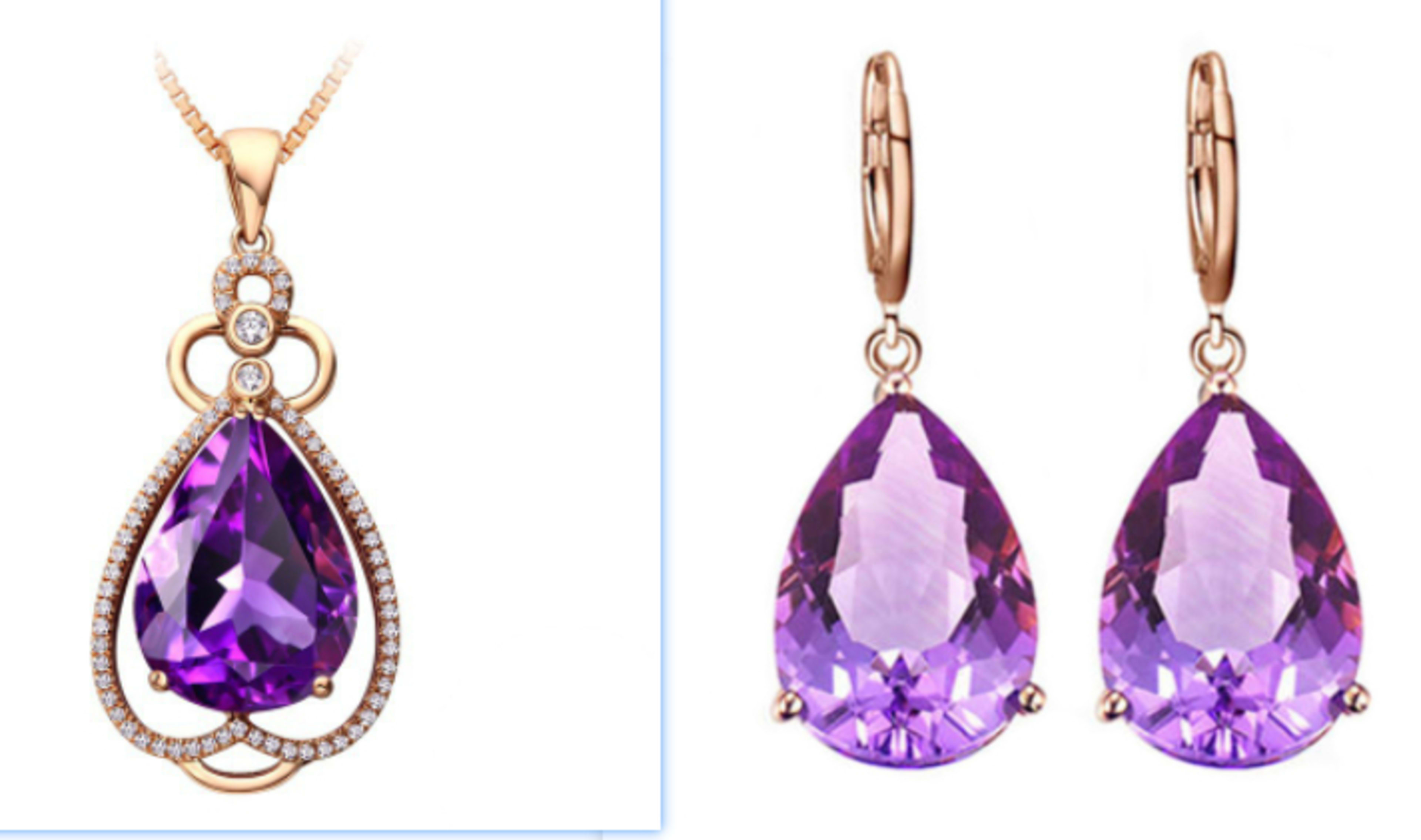 Quality Ear Hook Purple Gemstone Diamond Ring Rose Gold Collarbone Necklace Set 3