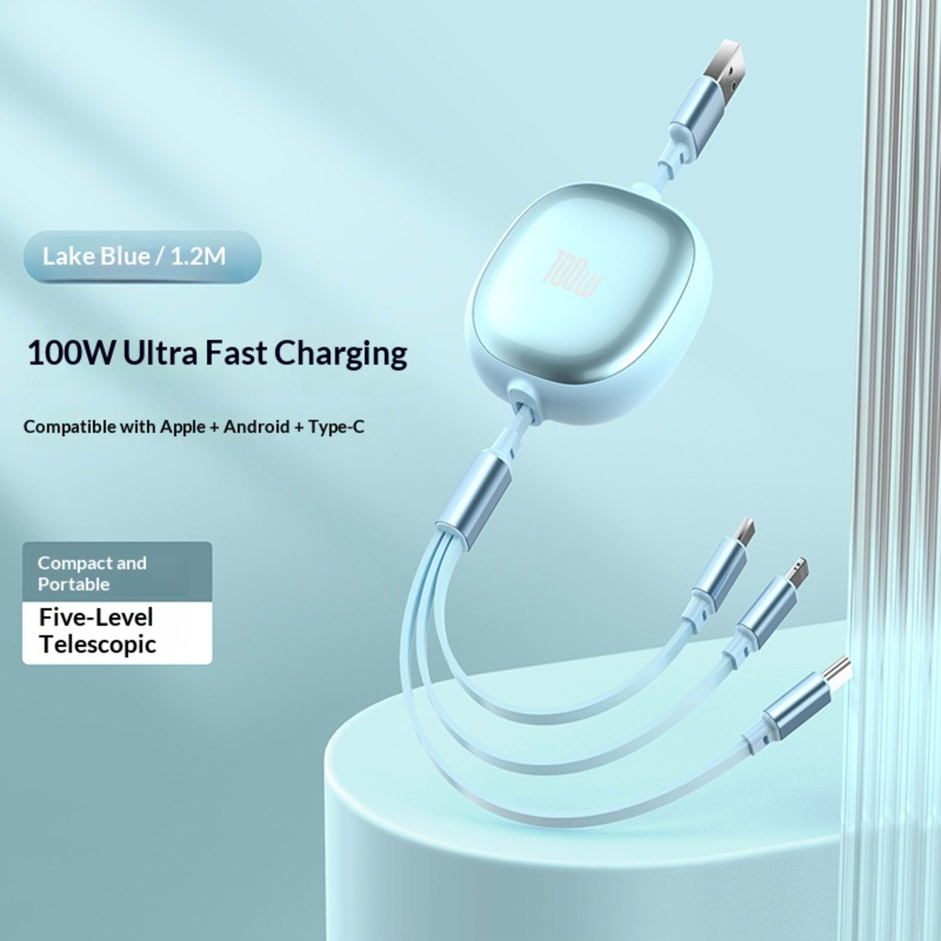 Solid Color Minimalist Metal Retractable 3-in-1 Fast Charging Data Cable 4