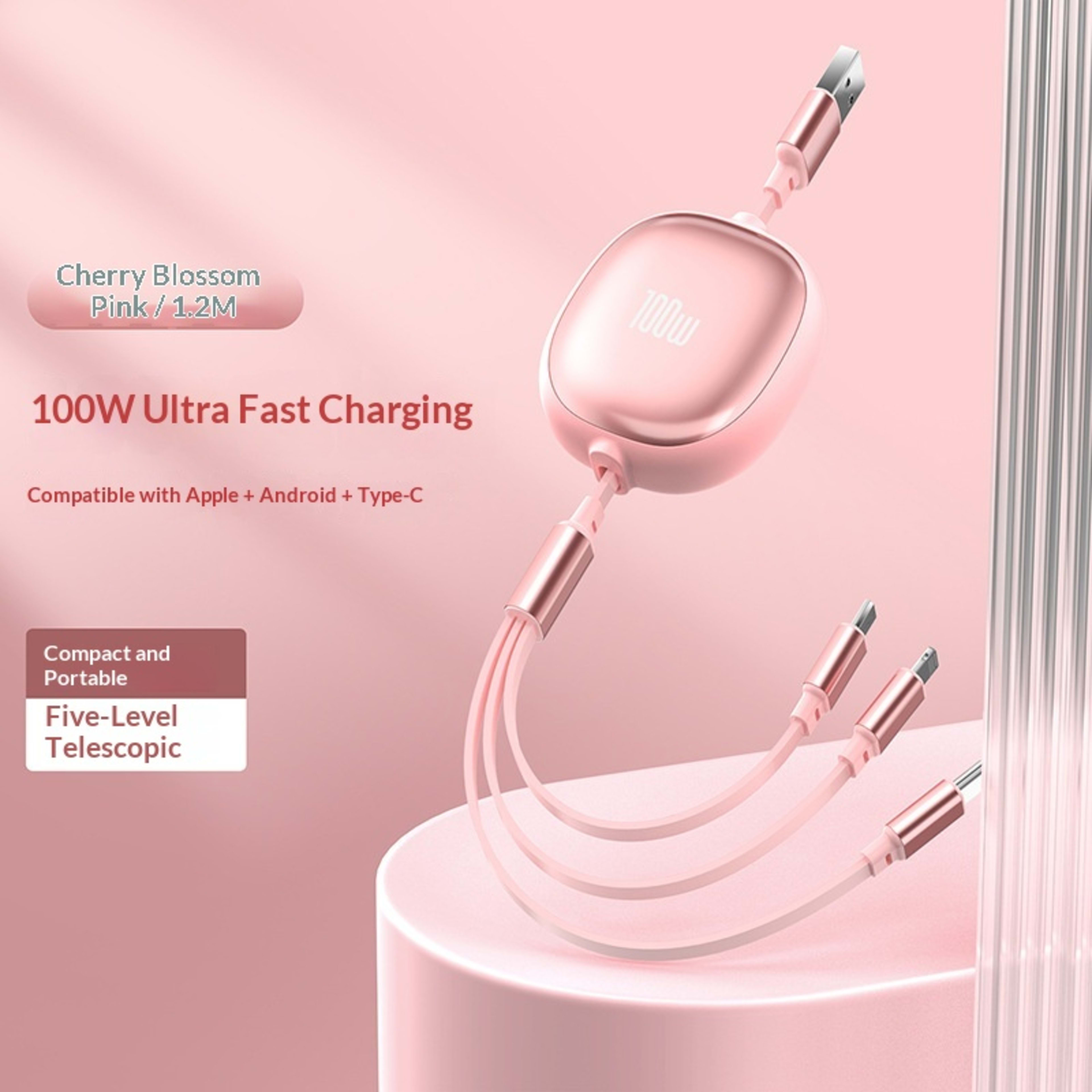 Solid Color Minimalist Metal Retractable 3-in-1 Fast Charging Data Cable 9